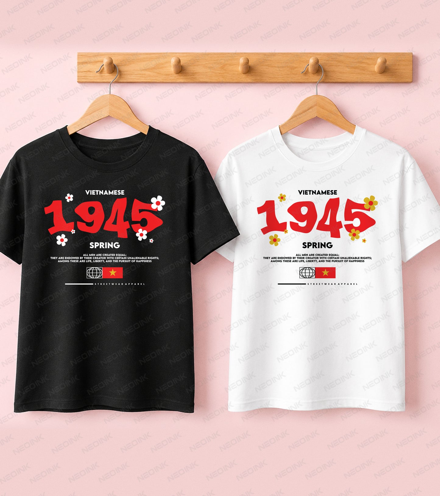 Black t-shirt displaying red 1945 Spring typography, white daisies, and Vietnamese text in a Good Vibes streetwear style.