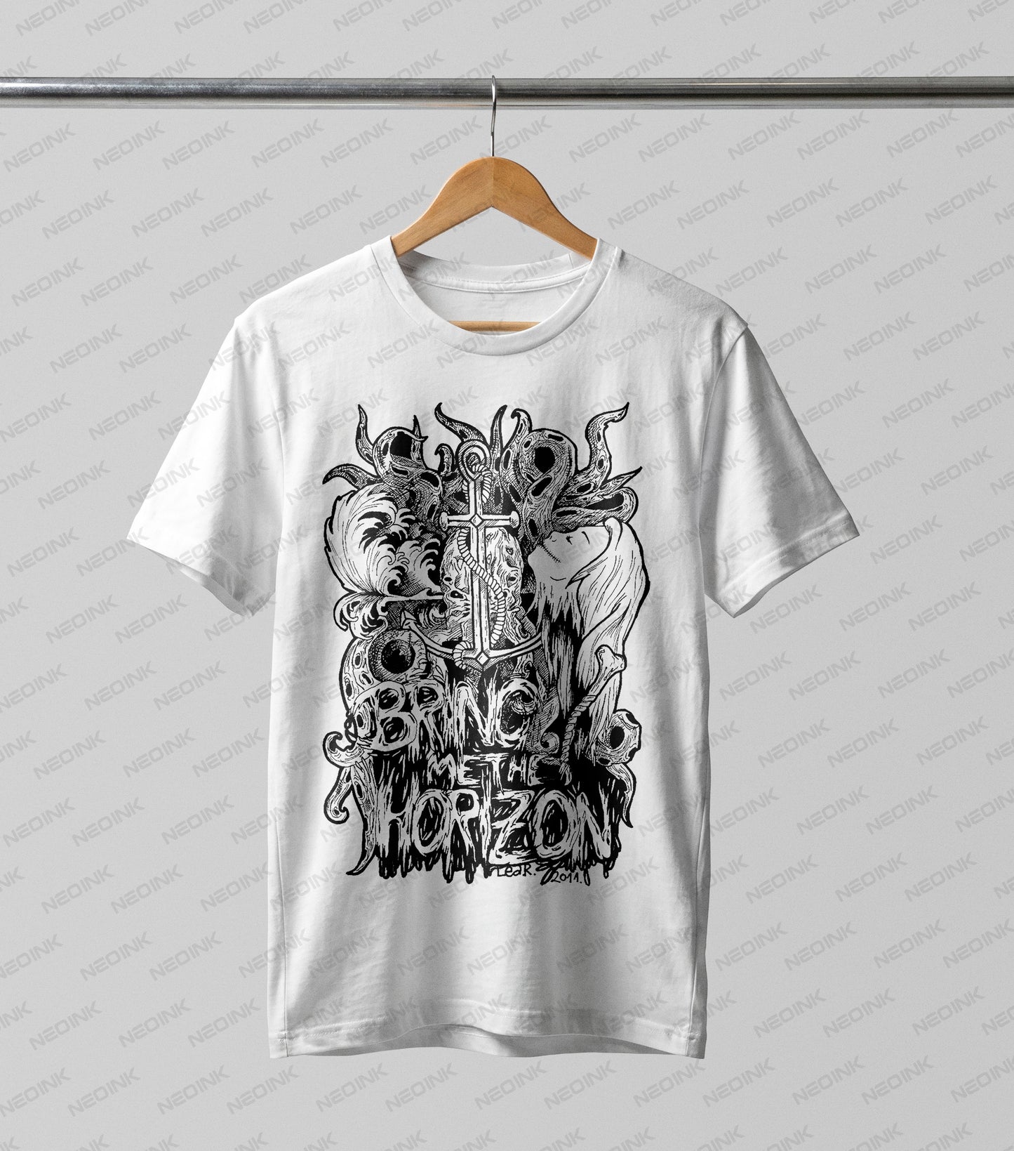 Bring Me The Horizon nautical skull Halftone DTF transfer. Designed for white and light-colored apparel, this intense black-and-white graphic features an anchor, swirling waves, skulls, and tentacles, all shaded with a classic Halftone dot texture.