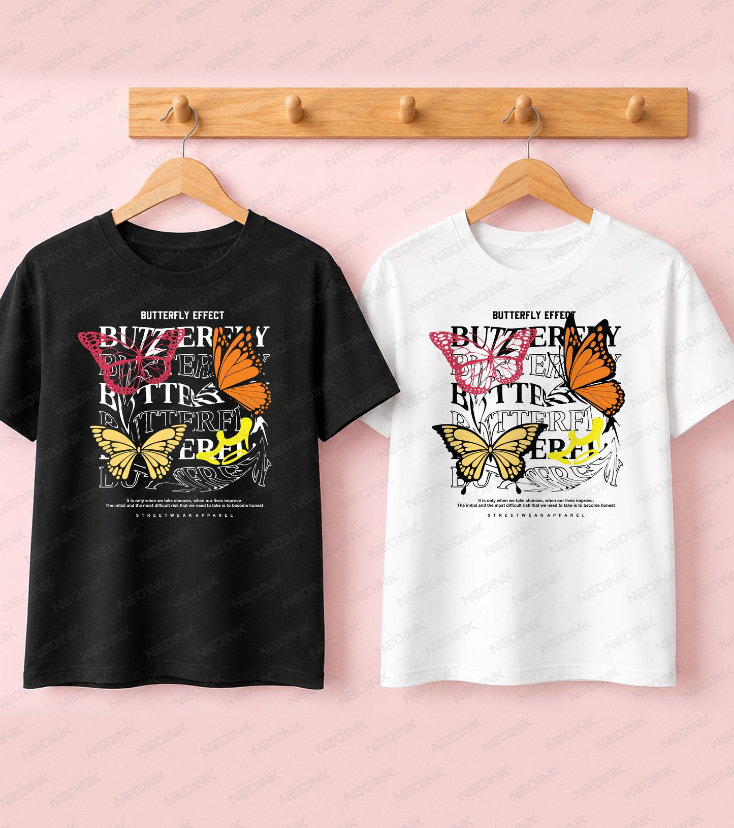 Black t-shirt featuring bright pink, yellow, and orange butterflies with chaotic line art in a Good Vibes streetwear design.