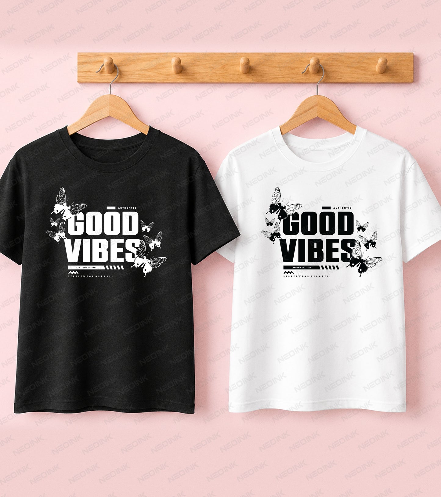 Black t-shirt featuring classic Good Vibes typography surrounded by minimalist black and white butterflies.