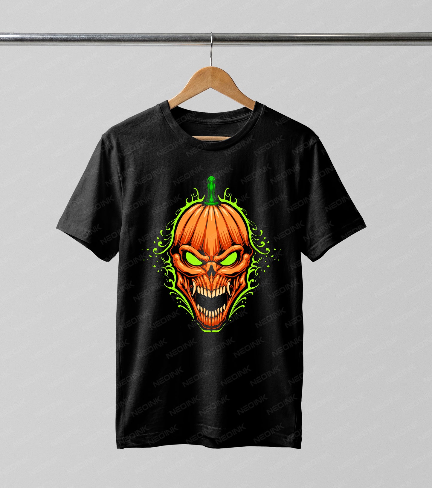 Light up the night with this terrifying demonic pumpkin skull DTF transfer. Featuring a menacing jack-o'-lantern face morphed with a skull, razor-sharp fangs, and glowing neon green eyes surrounded by a mystical green aura, this vivid design is guaranteed to make a bold statement.