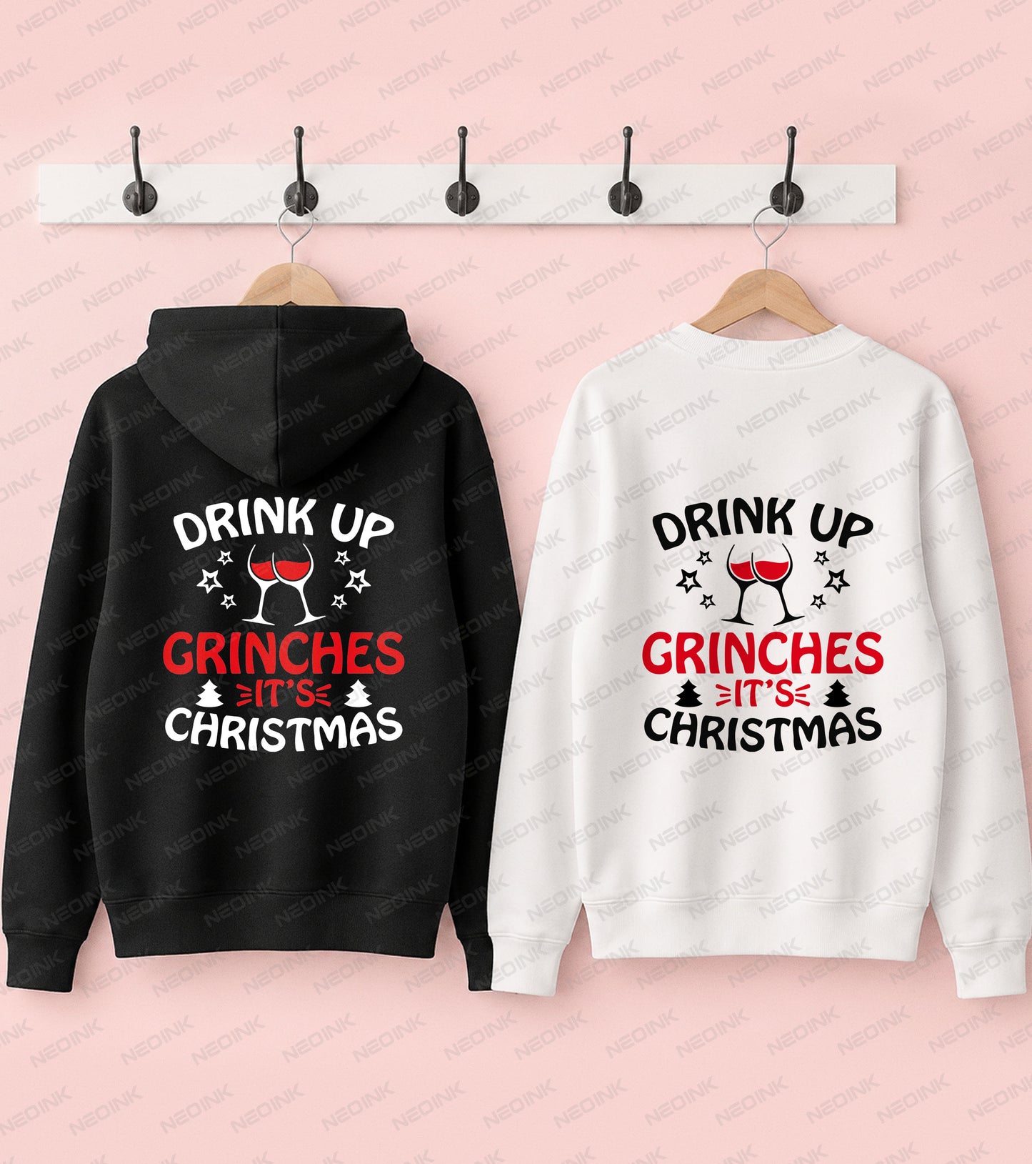Festive Drink Up Grinches design with clinking wine glasses, ready to print as a Christmas DTF transfer.
