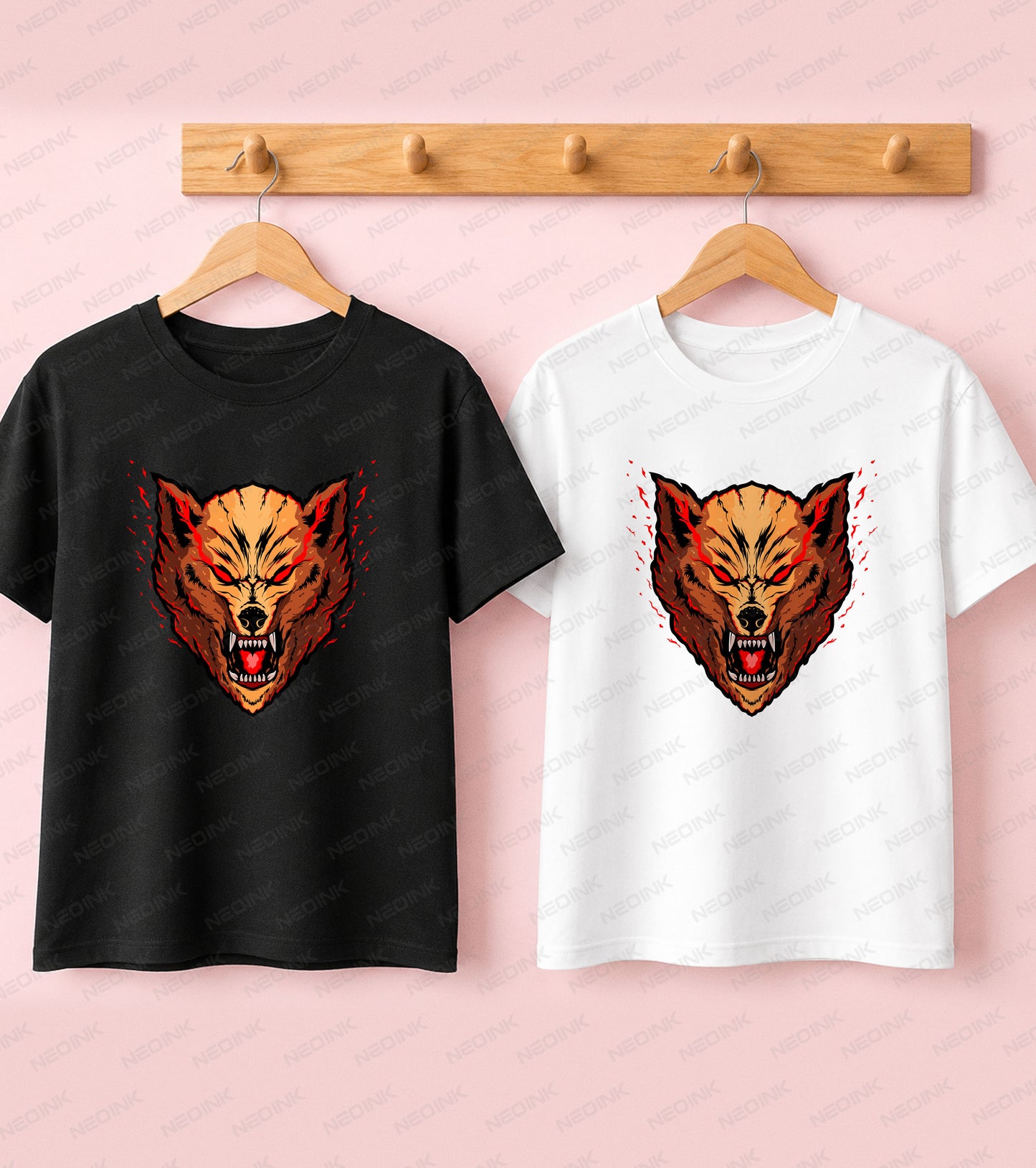 Aggressive snarling wolf head with glowing red eyes and red energy effects, supplied as striking DTF transfers completely ready to print.