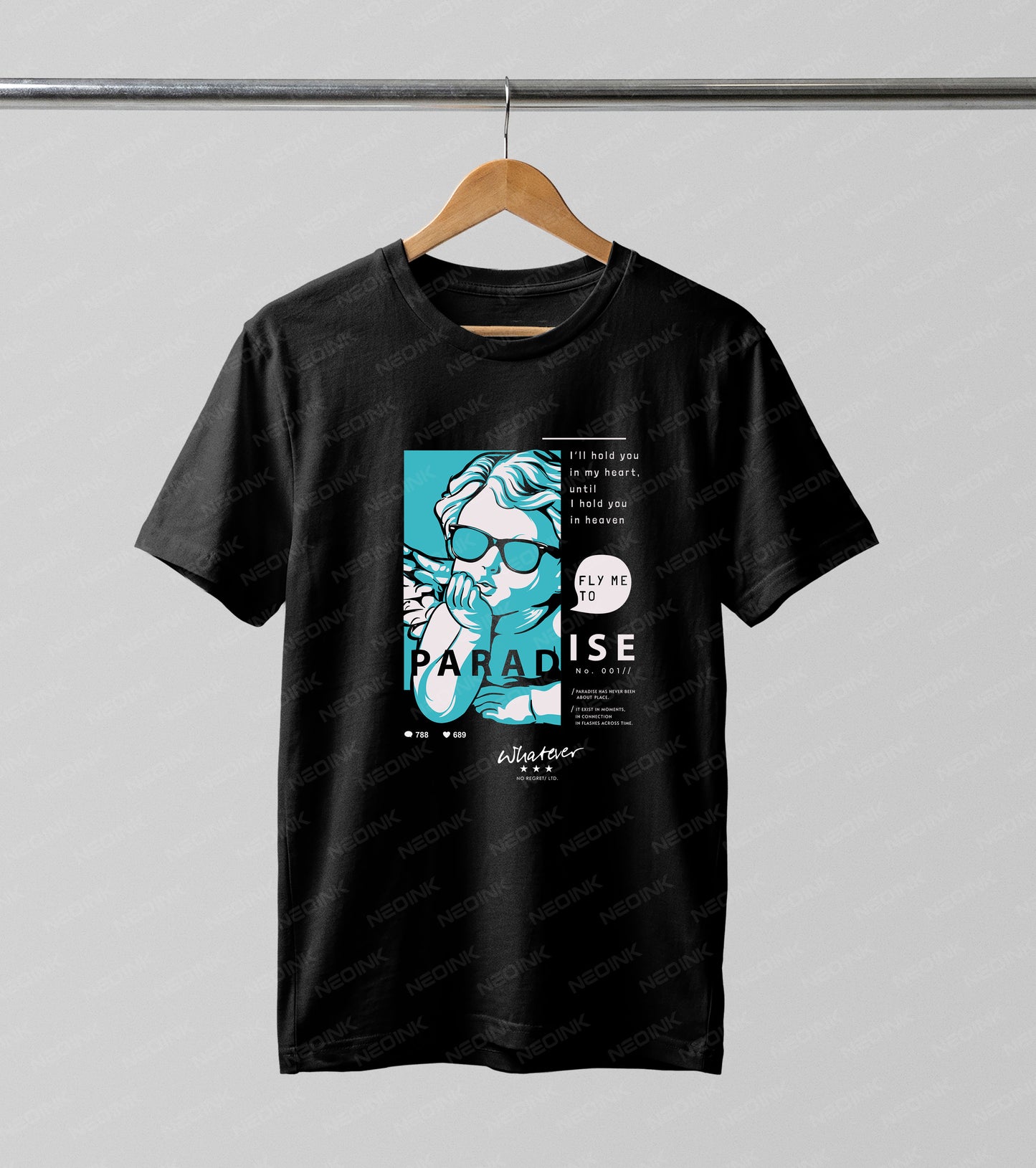 Pop-art blue cherub wearing sunglasses with edgy typography, perfectly set up as ready to print DTF transfers for crafting cool outfits.