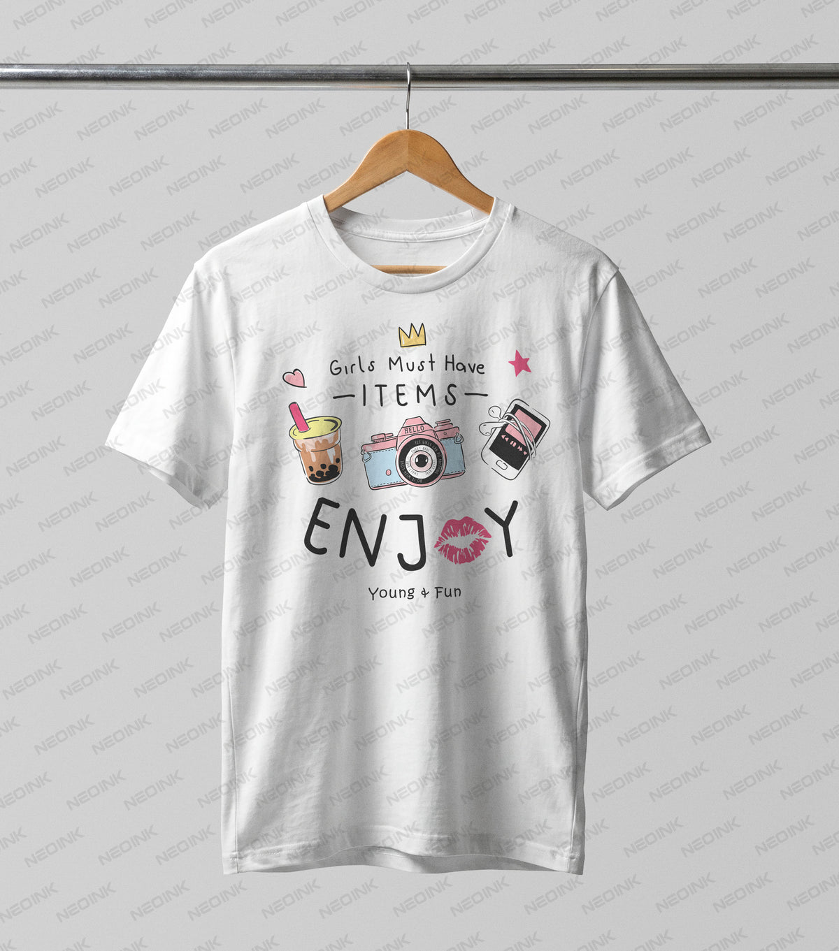 Fun aesthetic doodle art of boba tea, a camera, and an mp3 player, offered as fresh DTF transfers ready to print on white boutique apparel.