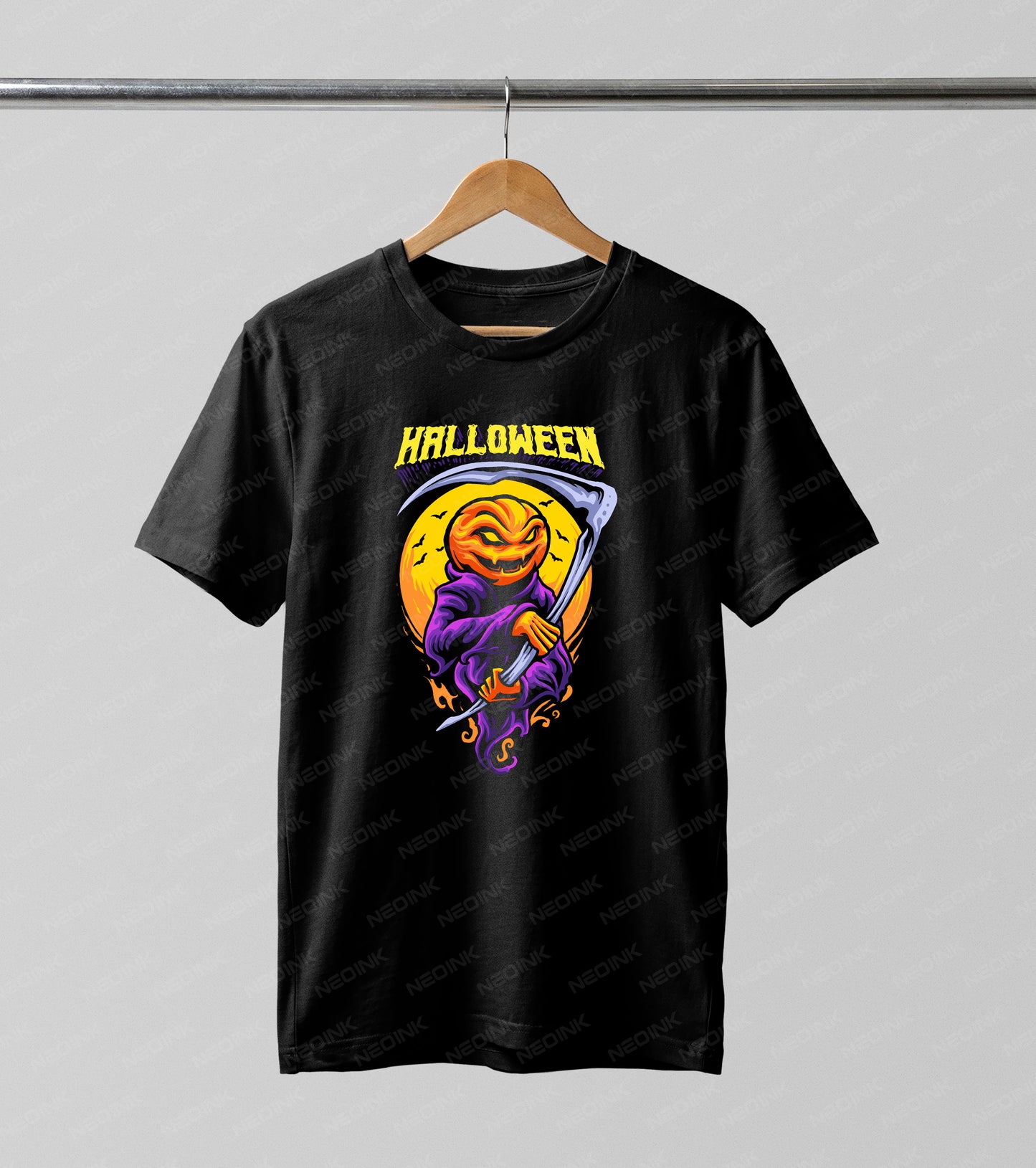 Embrace the spooky season with this Grim Reaper Pumpkin DTF transfer. This striking design features a menacing jack-o'-lantern head wearing a flowing purple cloak and wielding a classic reaper's scythe, all set against a glowing yellow full moon with flying bats and bold "HALLOWEEN" typography.