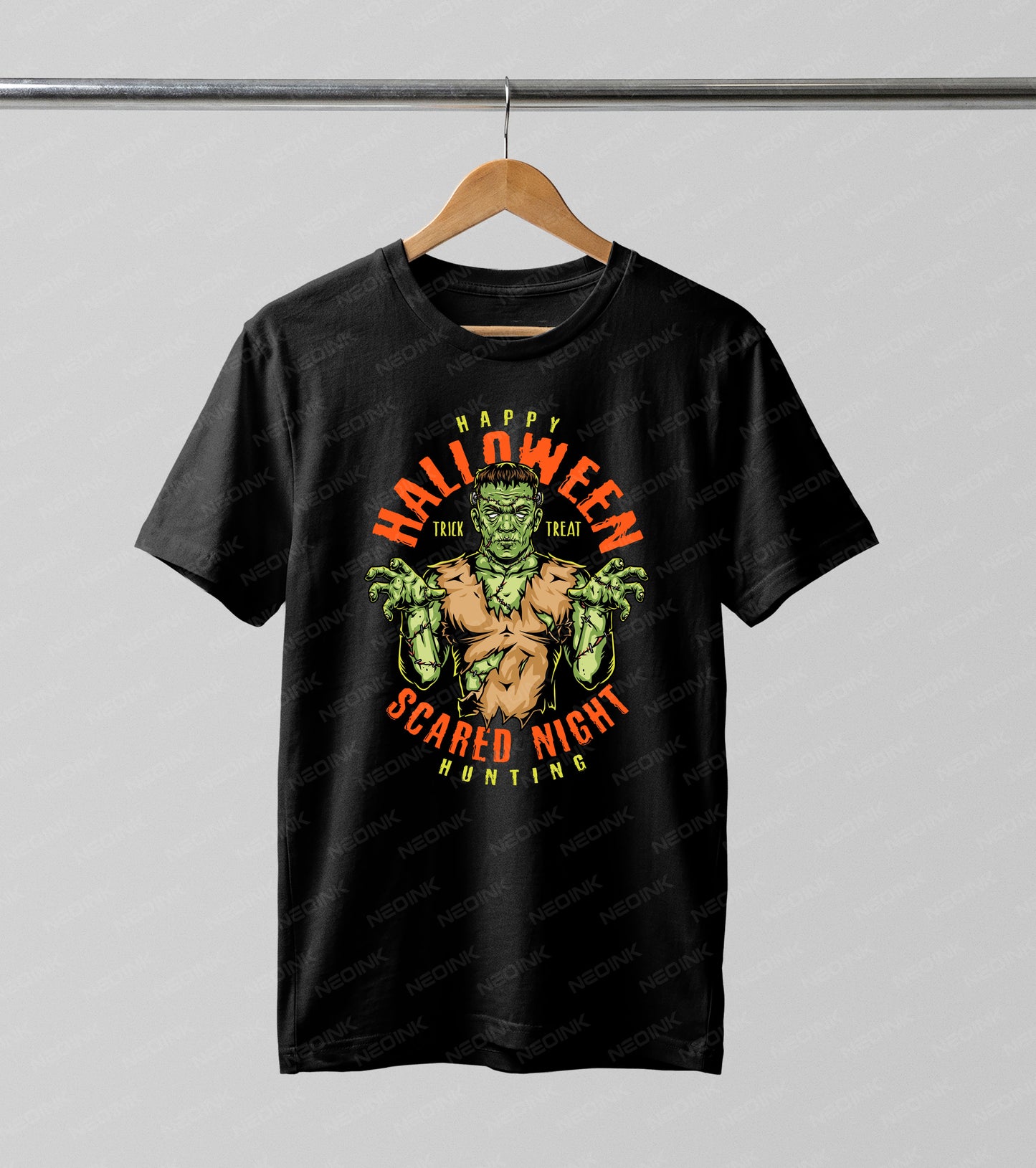 Bring a classic horror vibe to your Halloween apparel with this Frankenstein Monster DTF transfer. Featuring a highly detailed, classic green monster surrounded by bold "Happy Halloween," "Trick or Treat," and "Scared Night Hunting" typography, this vintage-inspired graphic is a must-have for the spooky season.