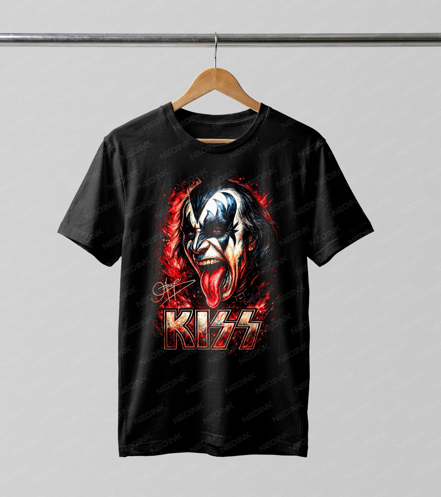 Kiss Demon Halftone DTF transfer. Featuring the iconic painted face and long tongue surrounded by intense red splatter, this graphic uses a dynamic Halftone dot pattern to capture the energy of a live show.