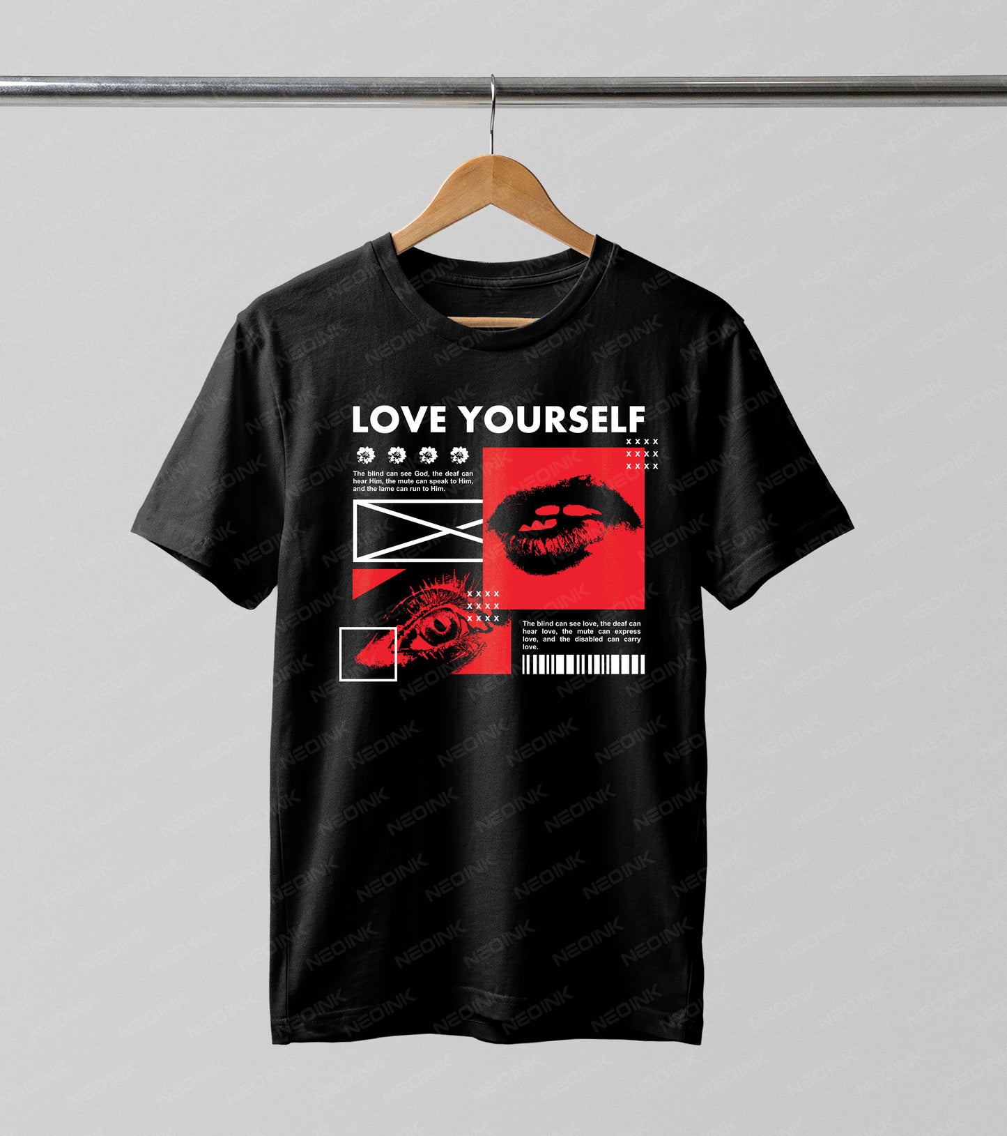 Grunge aesthetic design featuring striking red lips and an eye, available as versatile DTF transfers completely ready to print for unique fashion pieces.