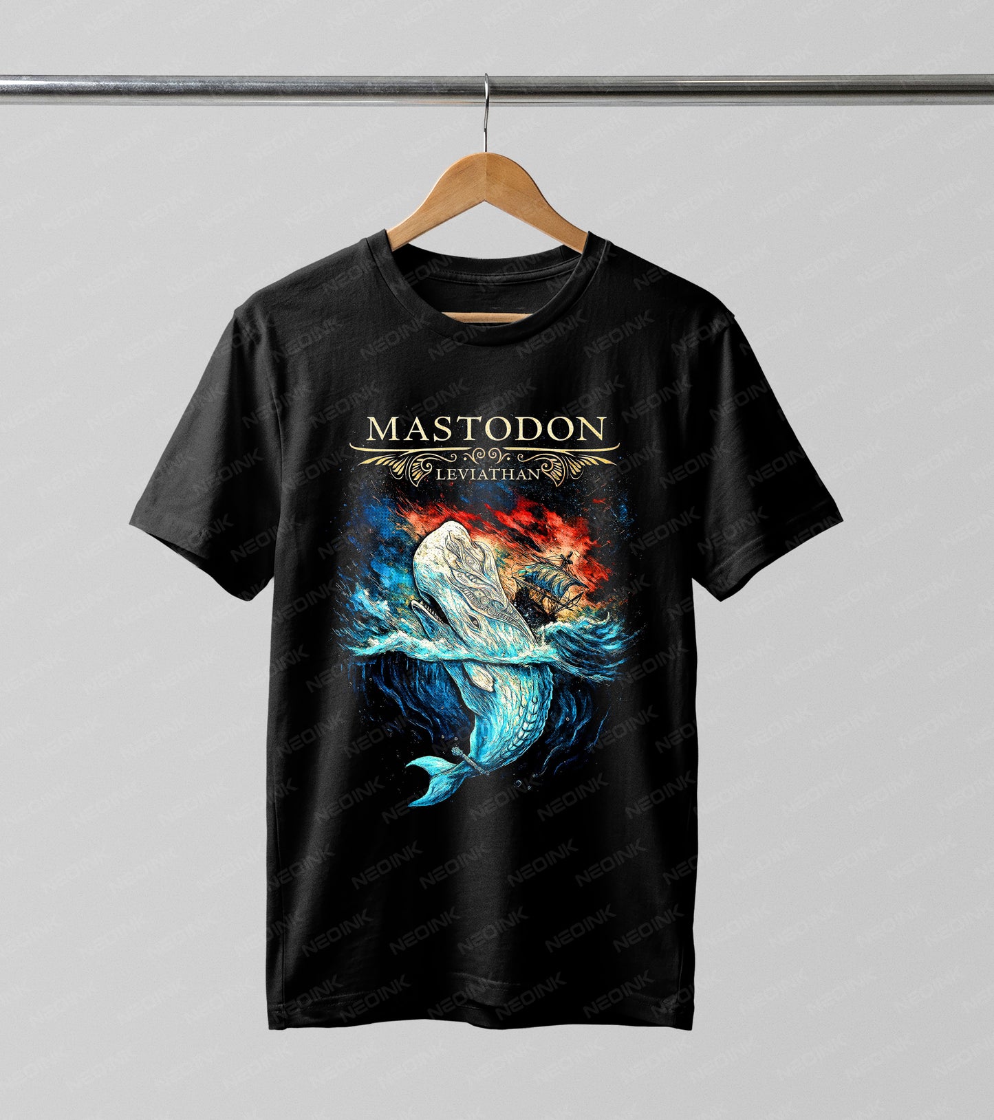 Mastodon Leviathan Halftone DTF transfer. Featuring the epic white whale emerging from a chaotic sea of blue and fiery red, this graphic uses a textured Halftone effect to capture the legendary album's intense artwork.