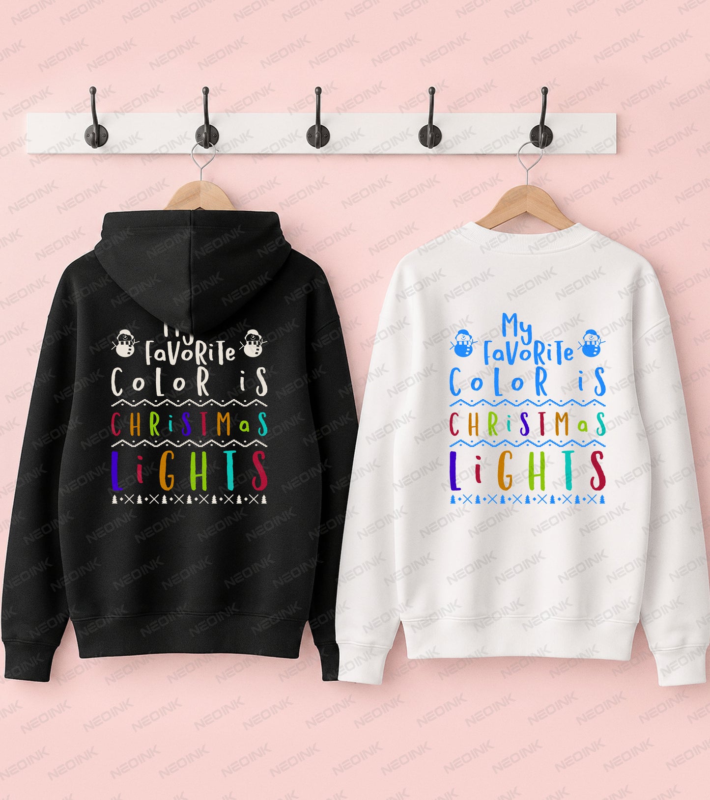 My Favorite Color Is Christmas Lights lettering surrounded by colorful holiday bulbs, ready to print on apparel as a DTF transfer.
