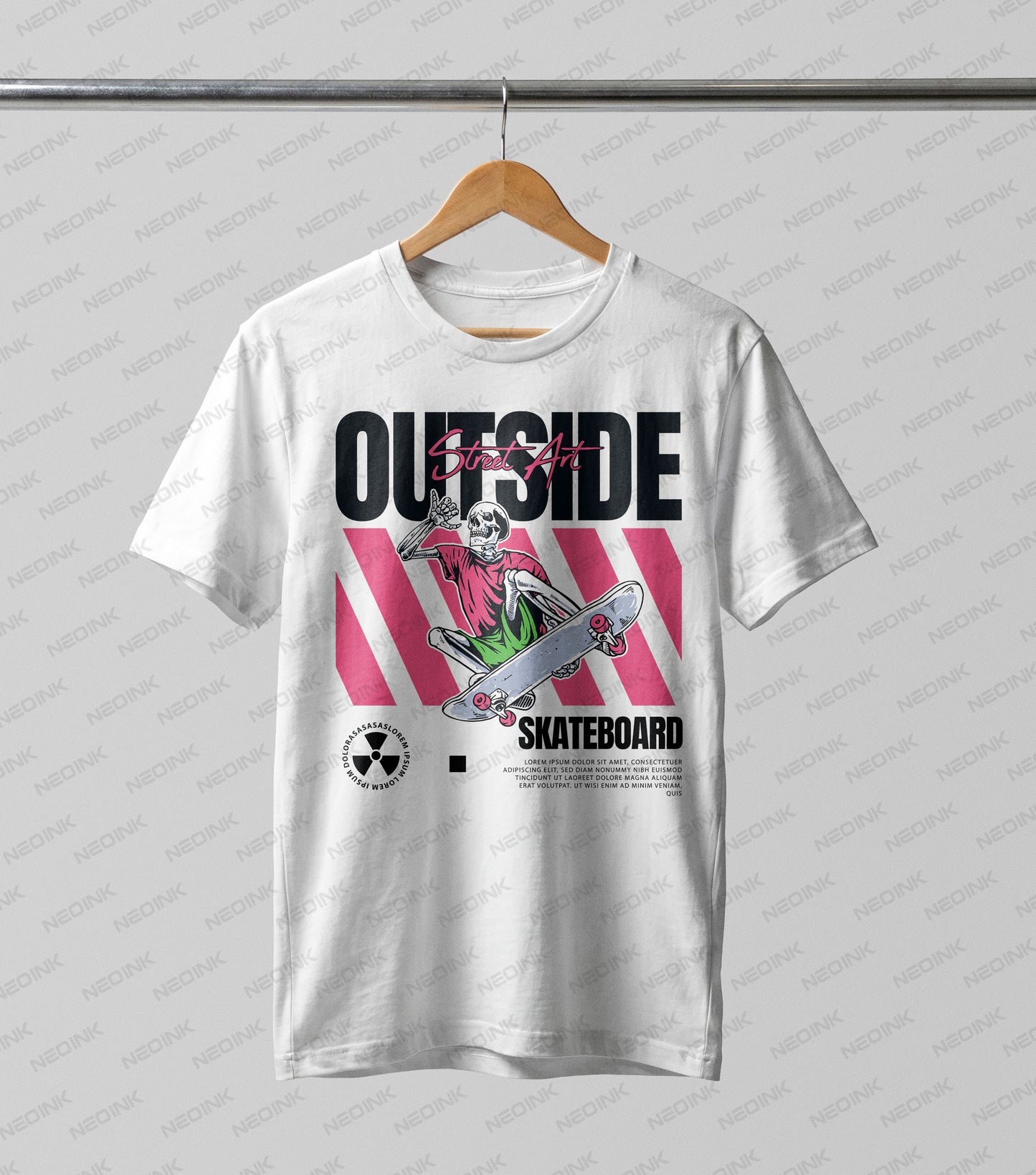 Radical skeleton performing a skateboard trick over a pink striped background, utilizing premium DTF transfers ready to print for authentic skate style.