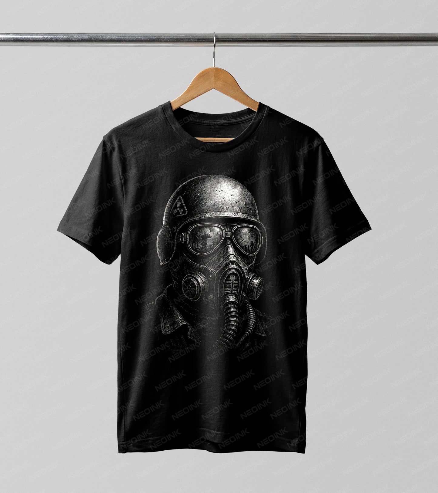 post-apocalyptic gas mask soldier Halftone DTF transfer. Featuring a dark, monochromatic soldier wearing a radiation helmet and gas mask with wasteland reflections in the lenses, this design is masterfully rendered in a gritty Halftone style.