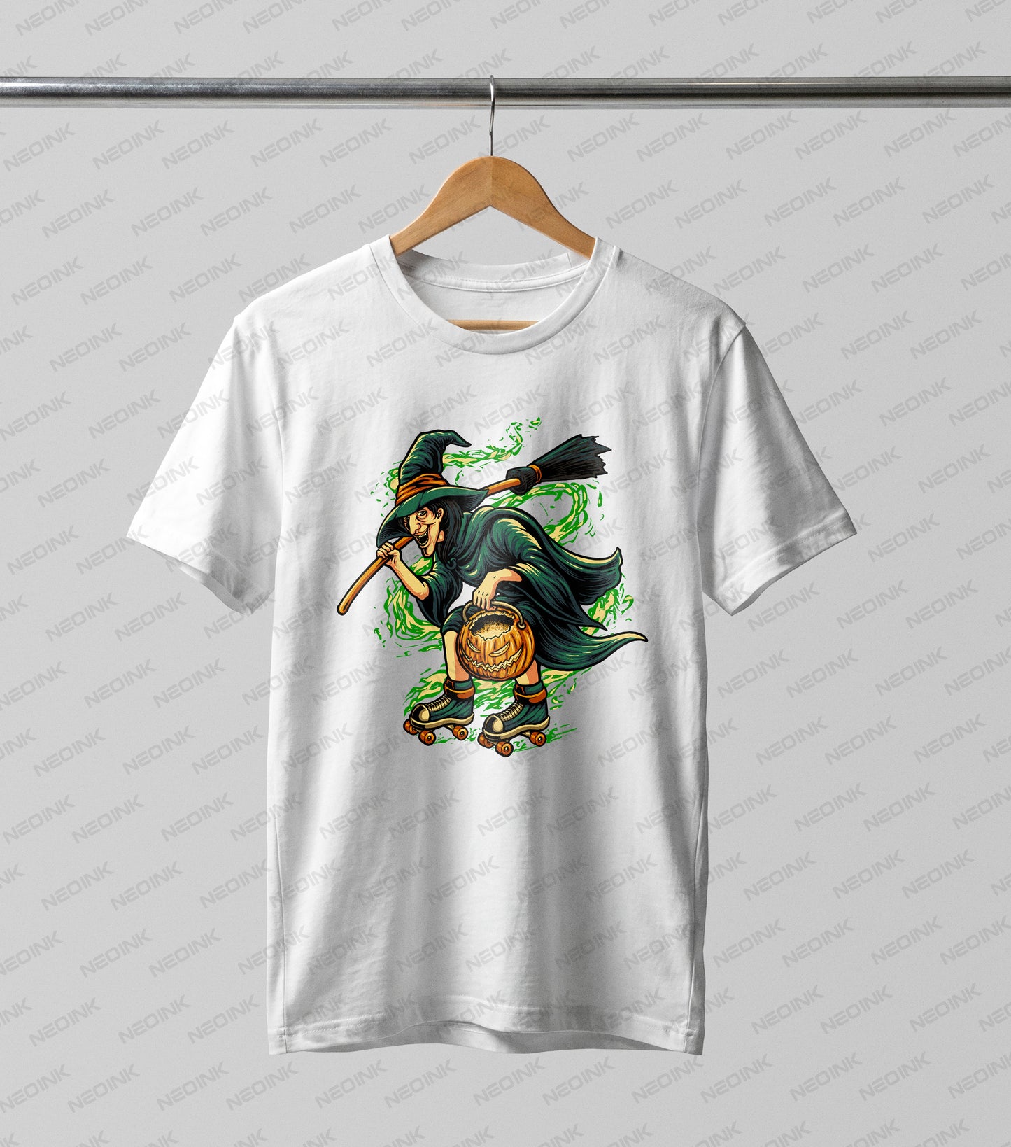 energetic roller skating witch DTF transfer. Specially designed to pop on light-colored apparel, this graphic features a classic green-skinned witch holding a broomstick and a carved jack-o'-lantern bucket while cruising on vintage roller skates amidst magical green swirls.