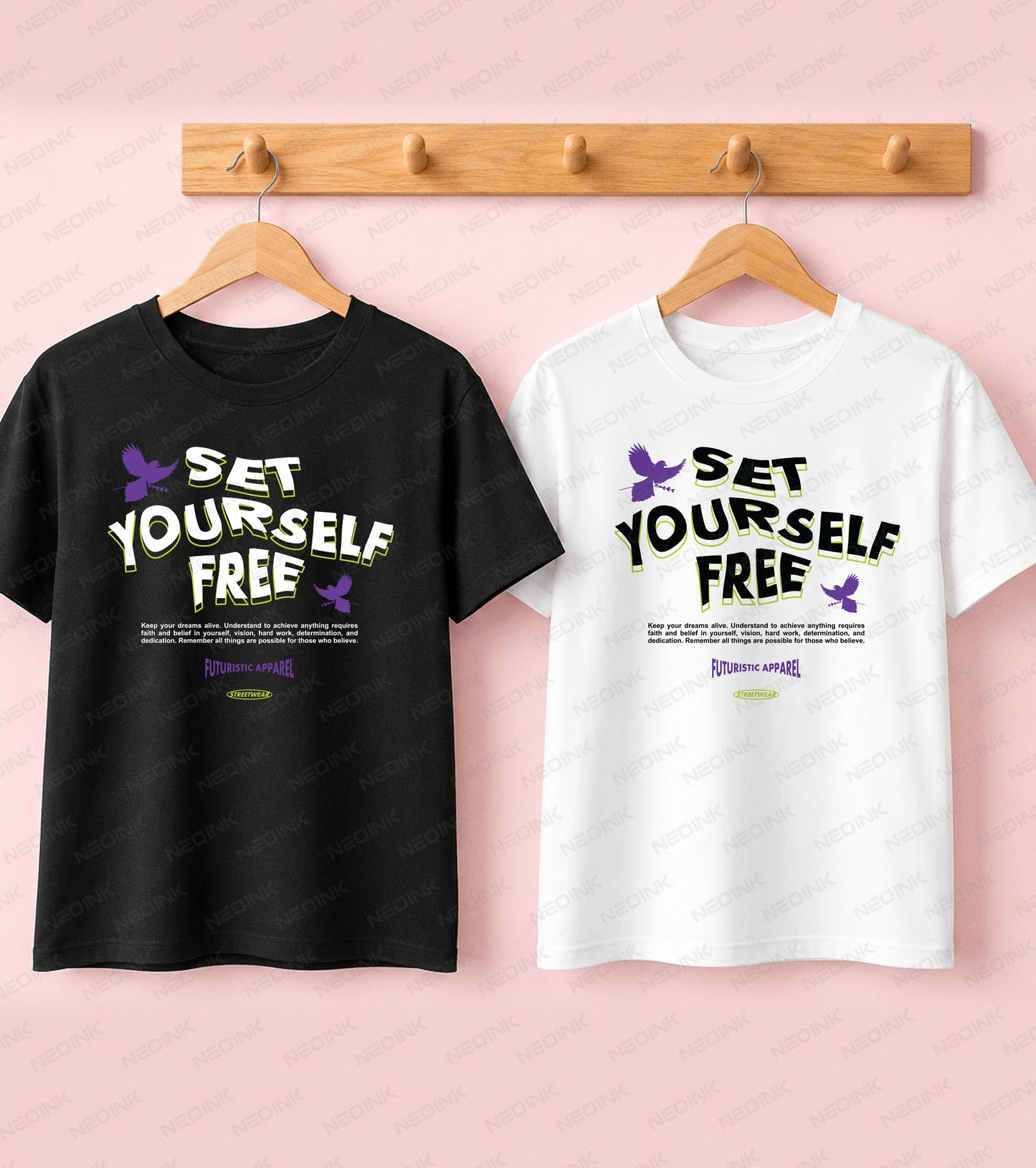 Black t-shirt featuring Set Yourself Free typography and flying purple doves for a motivational Good Vibes streetwear design.