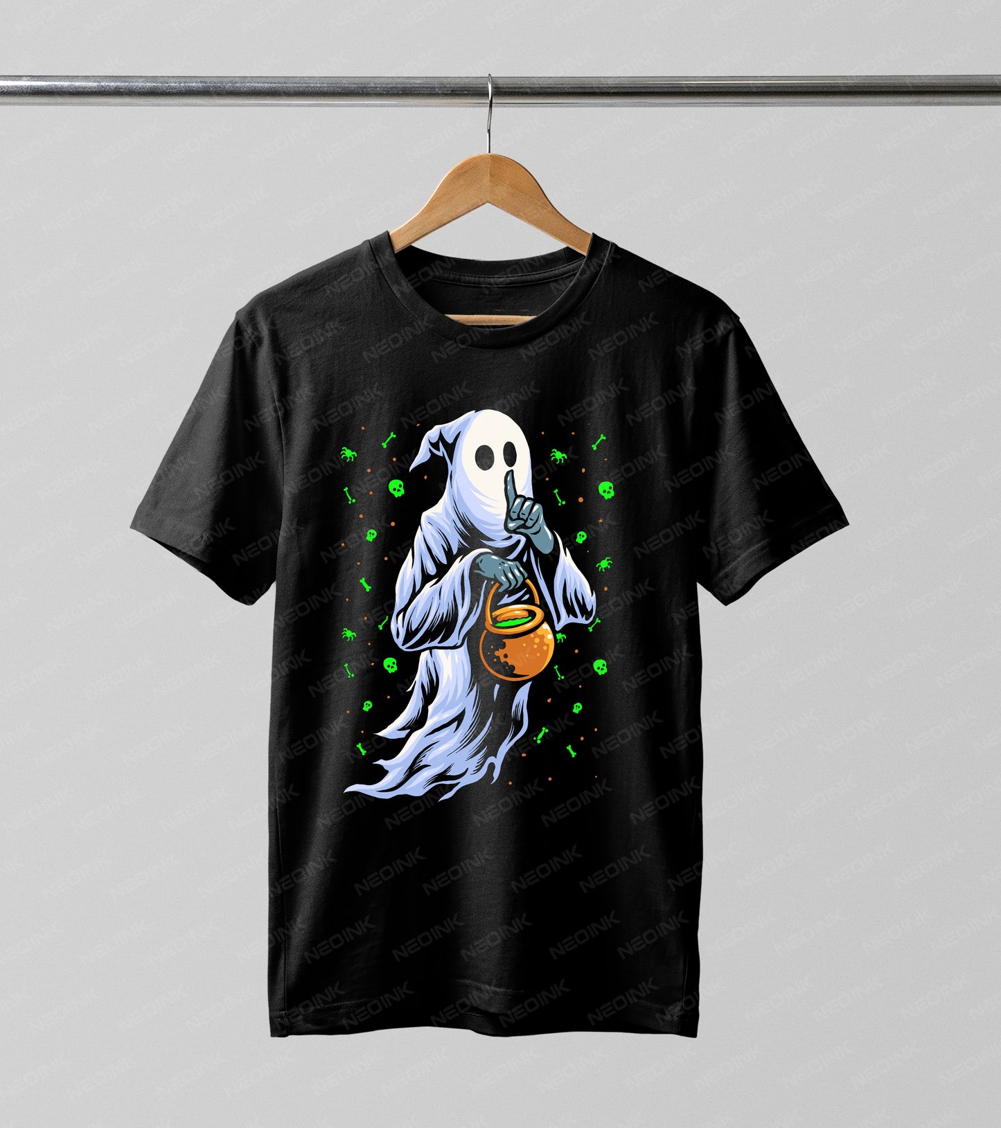 Add a touch of mysterious fun to your Halloween apparel with this shushing ghost DTF transfer. This playful design features a classic floating sheet ghost making a secret "shush" gesture while holding a glowing green potion cauldron, surrounded by neon green floating skulls, bones, and spiders.