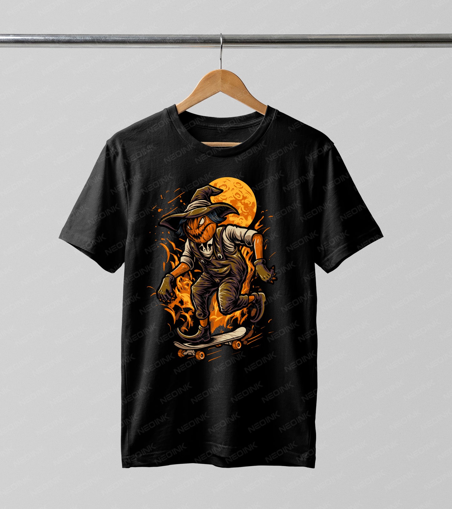 Add some wicked skate style to your Halloween apparel with this skateboarding pumpkin scarecrow DTF transfer. This energetic design features a jack-o'-lantern character wearing a witch hat and overalls, shredding on a skateboard against a glowing full moon and fiery orange backdrop.