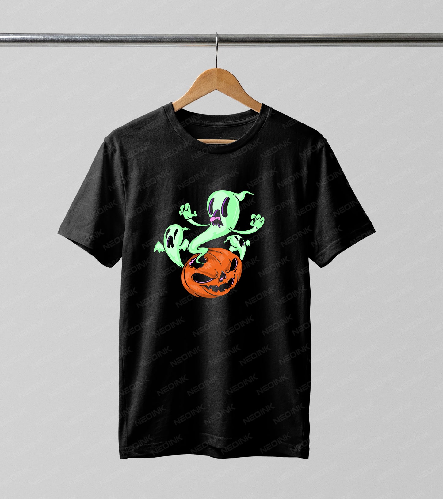 Add a fun and haunting vibe to your Halloween apparel with this spooky green ghosts and pumpkin DTF transfer. This playful yet creepy design features three cartoonish neon green ghosts emerging from a carved, menacing jack-o'-lantern, complete with expressive faces and floating poses.