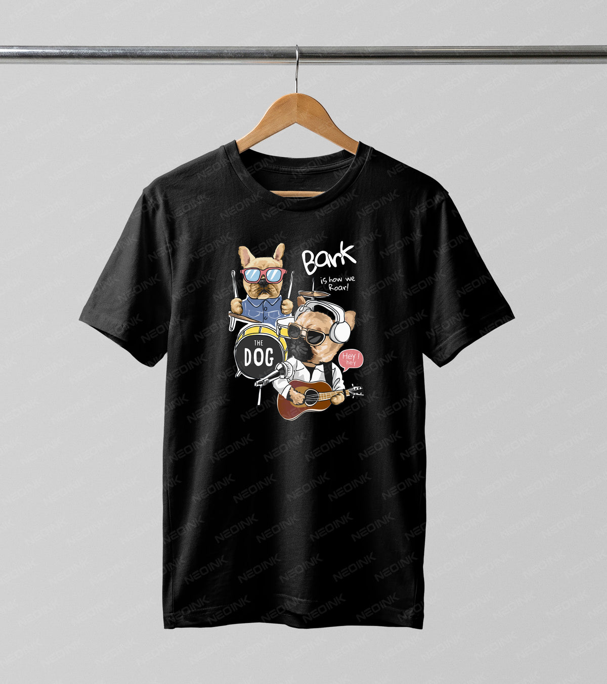 Hilarious French bulldogs playing drums and acoustic guitar, supplied as vivid DTF transfers ready to print for fun animal-lover fashion.