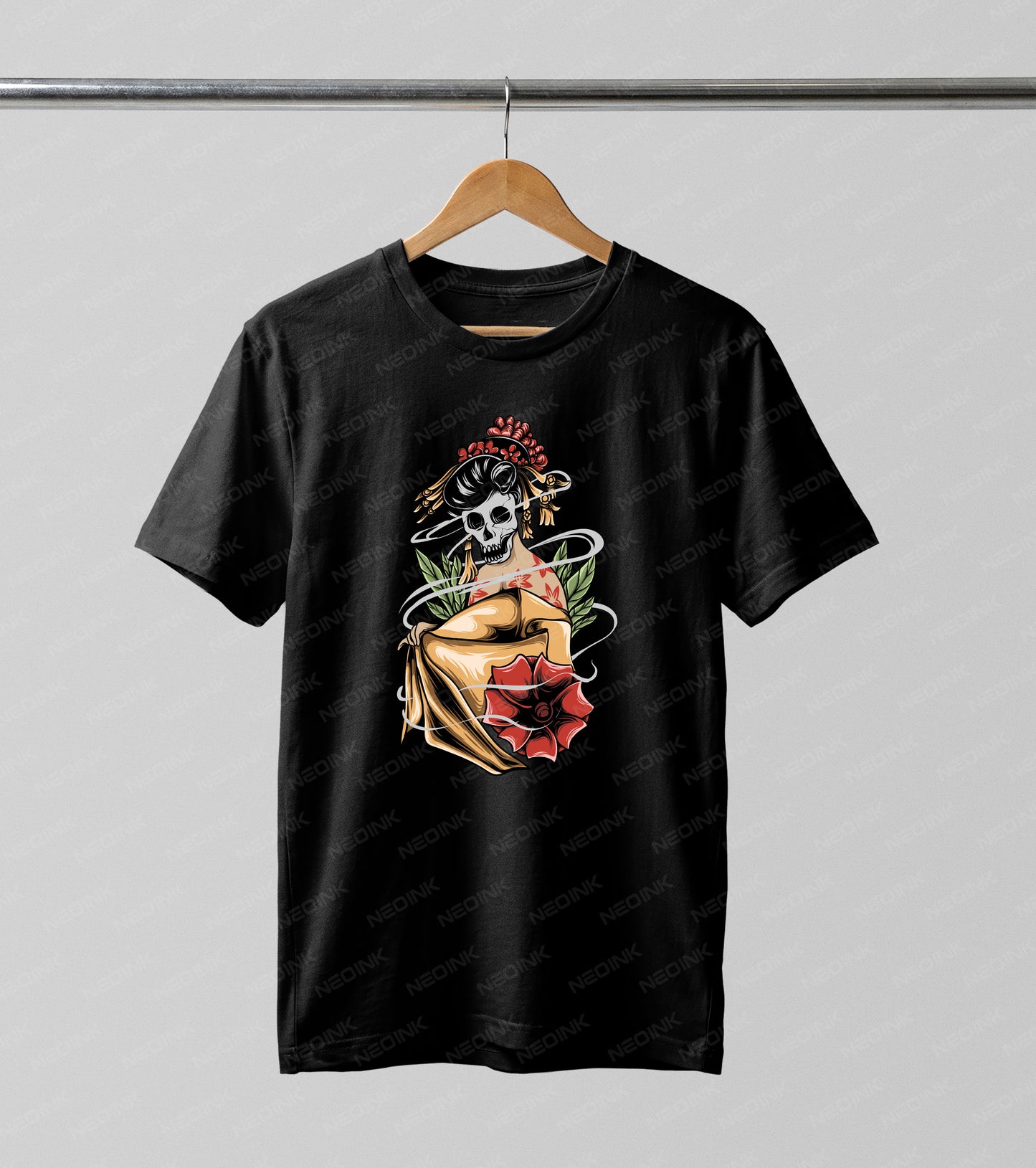 Add an eerie yet elegant touch to your Halloween apparel with this undead Geisha skeleton DTF transfer. This striking design features a skeletal Geisha adorned with traditional hair ornaments, a flowing golden kimono, mystical smoke, green leaves, and a vibrant red parasol accent.