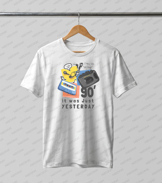 Nostalgic 90s cassette tape and portable music player graphic, provided as bright DTF transfers ready to print on white and light-colored tees.