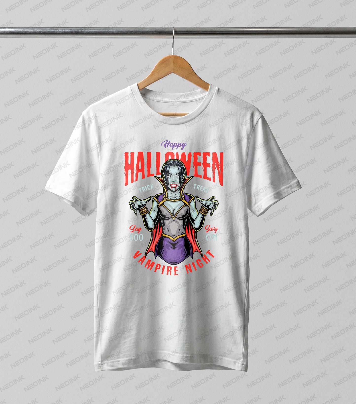 classic female vampire with fangs, an elegant cape, and clawed hands, surrounded by fun, blood-dripping typography reading "Happy Halloween" and "Vampire Night".
