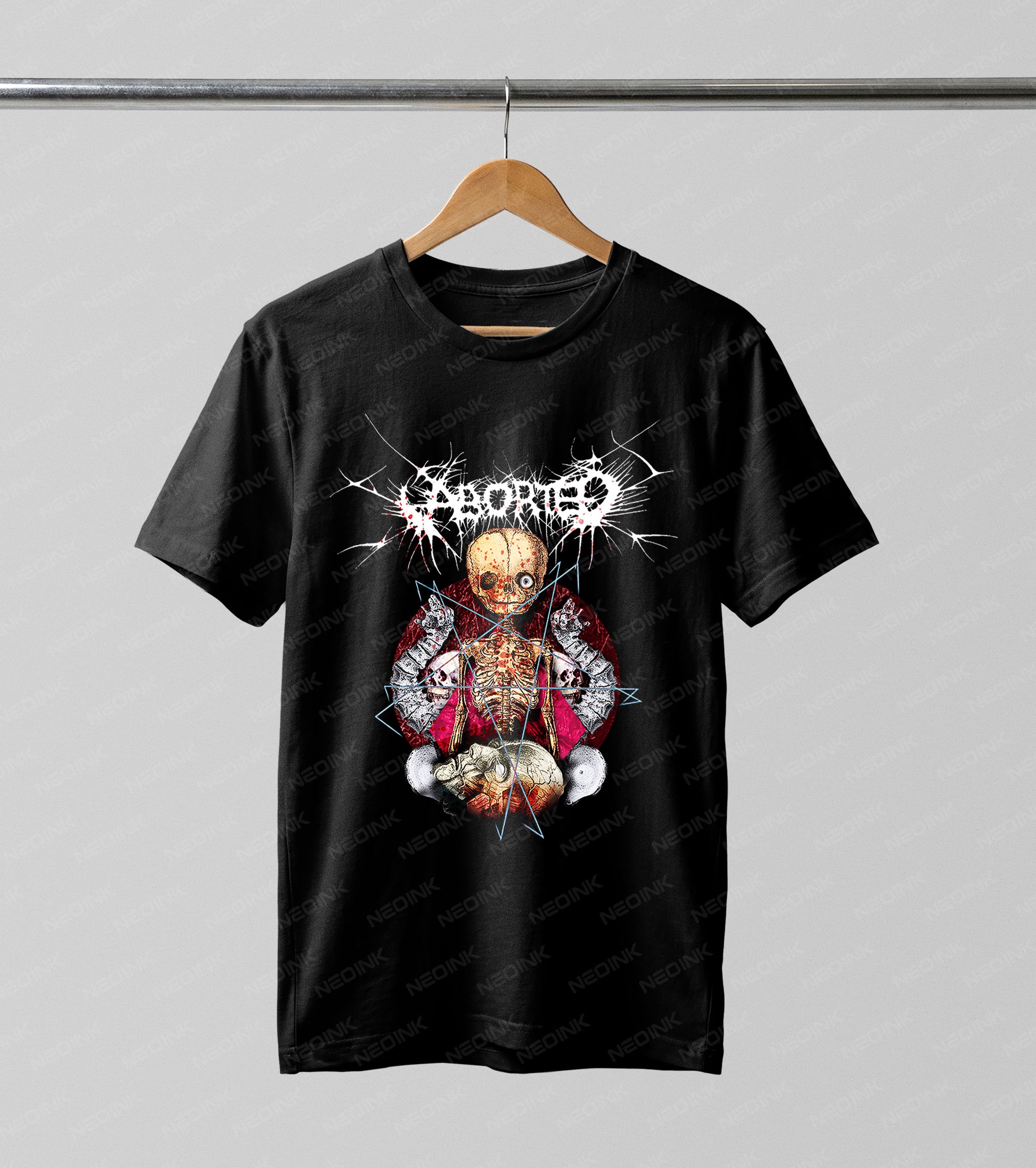 Aborted death metal band Halftone DTF transfer. Featuring a macabre skeletal figure, skulls, and a pentagram against a blood-red backdrop, this graphic utilizes a gritty Halftone effect for a true vintage gig poster feel.