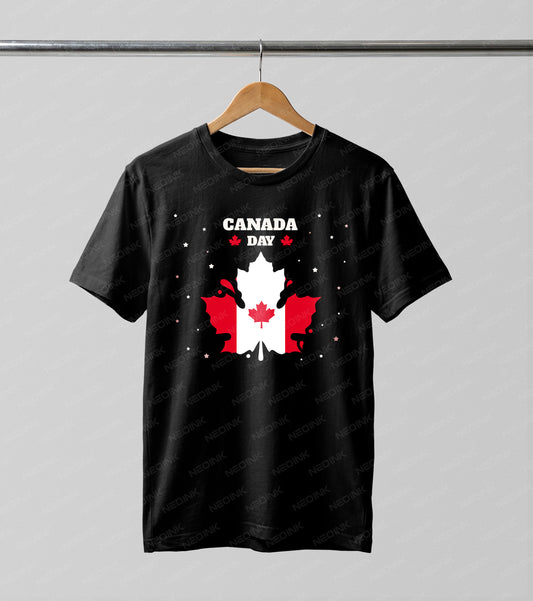 Dynamic abstract splash split red and white maple leaf design, offered as premium DTF transfers ready to print on dark patriotic apparel.