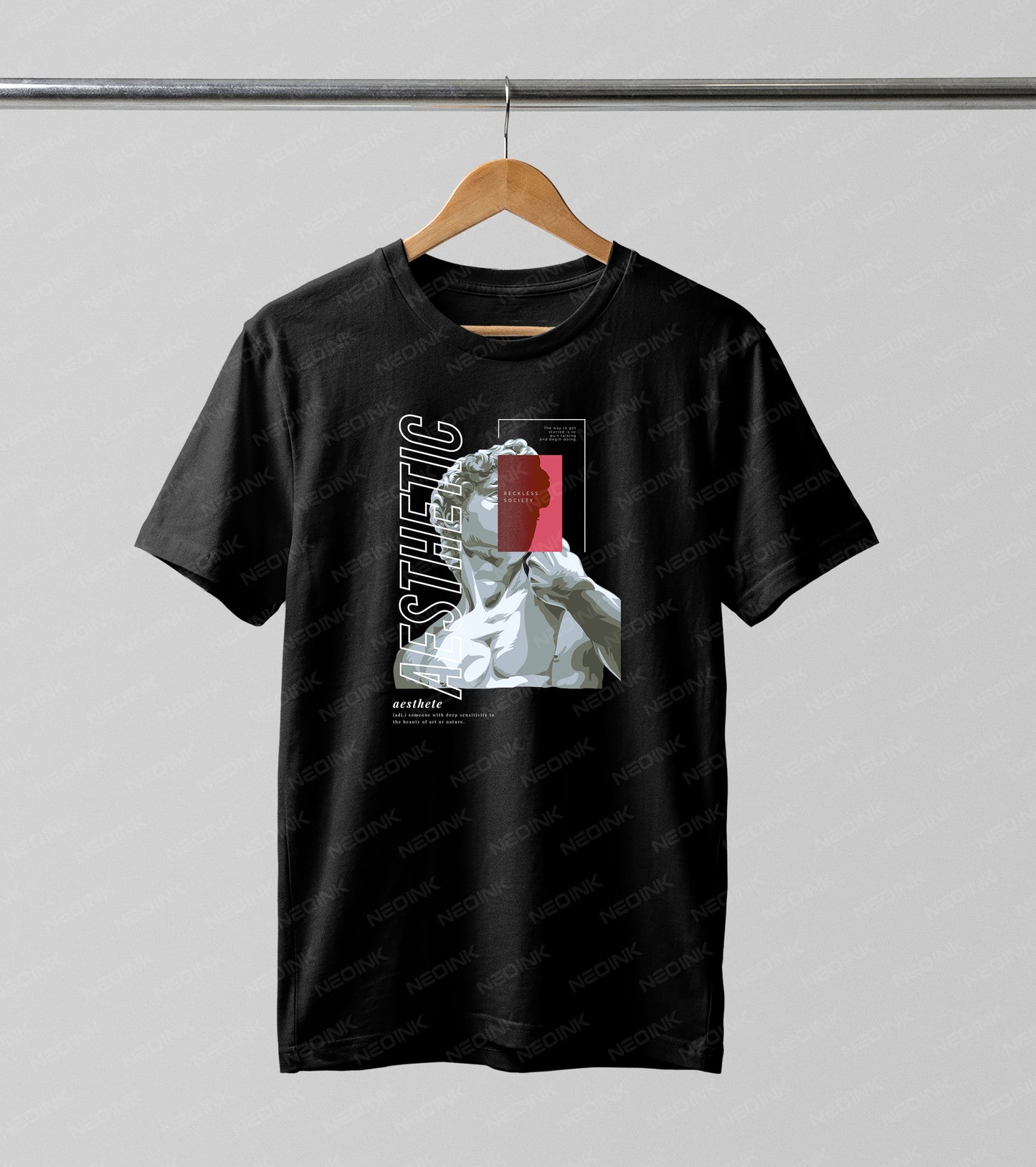 Vaporwave David statue with a red eye block and "Aesthetic" text, available as highly detailed DTF transfers ready to print for edgy looks.