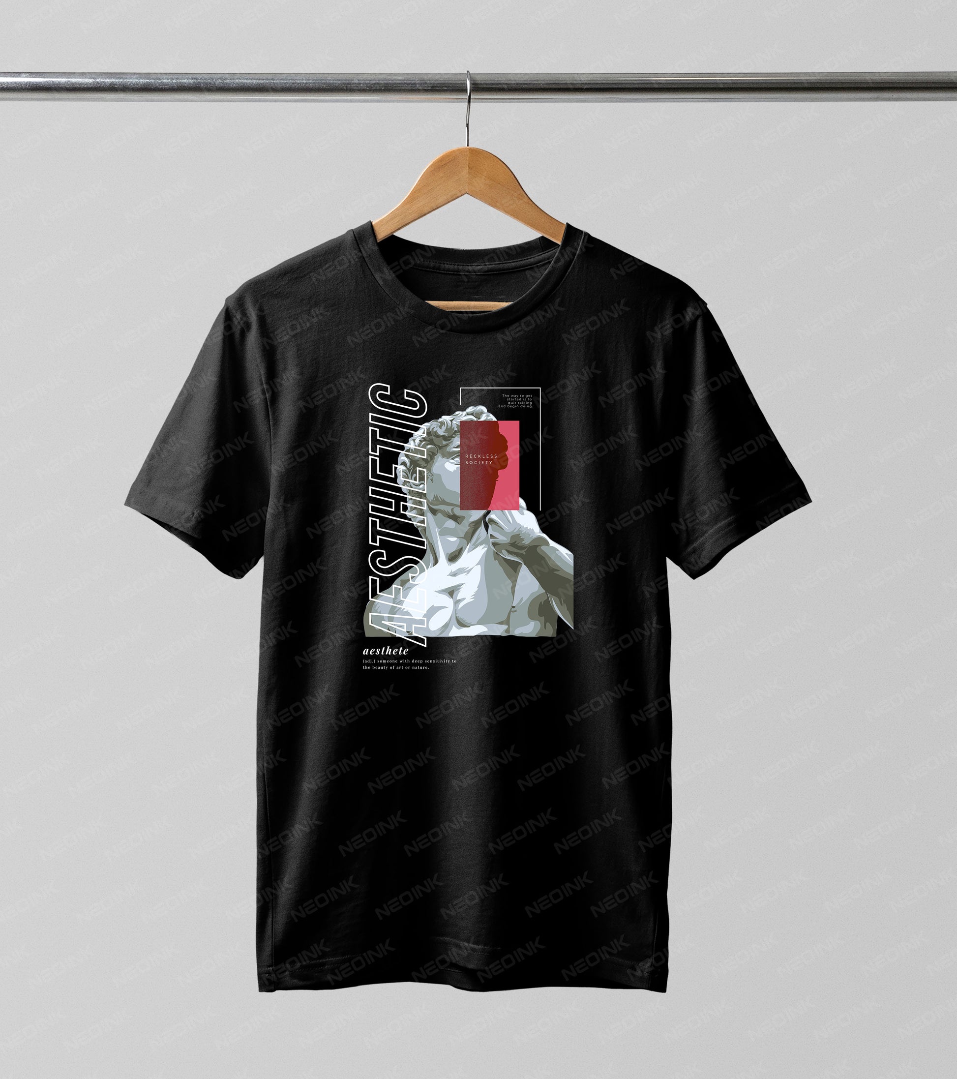 Vaporwave David statue with a red eye block and "Aesthetic" text, available as highly detailed DTF transfers ready to print for edgy looks.
