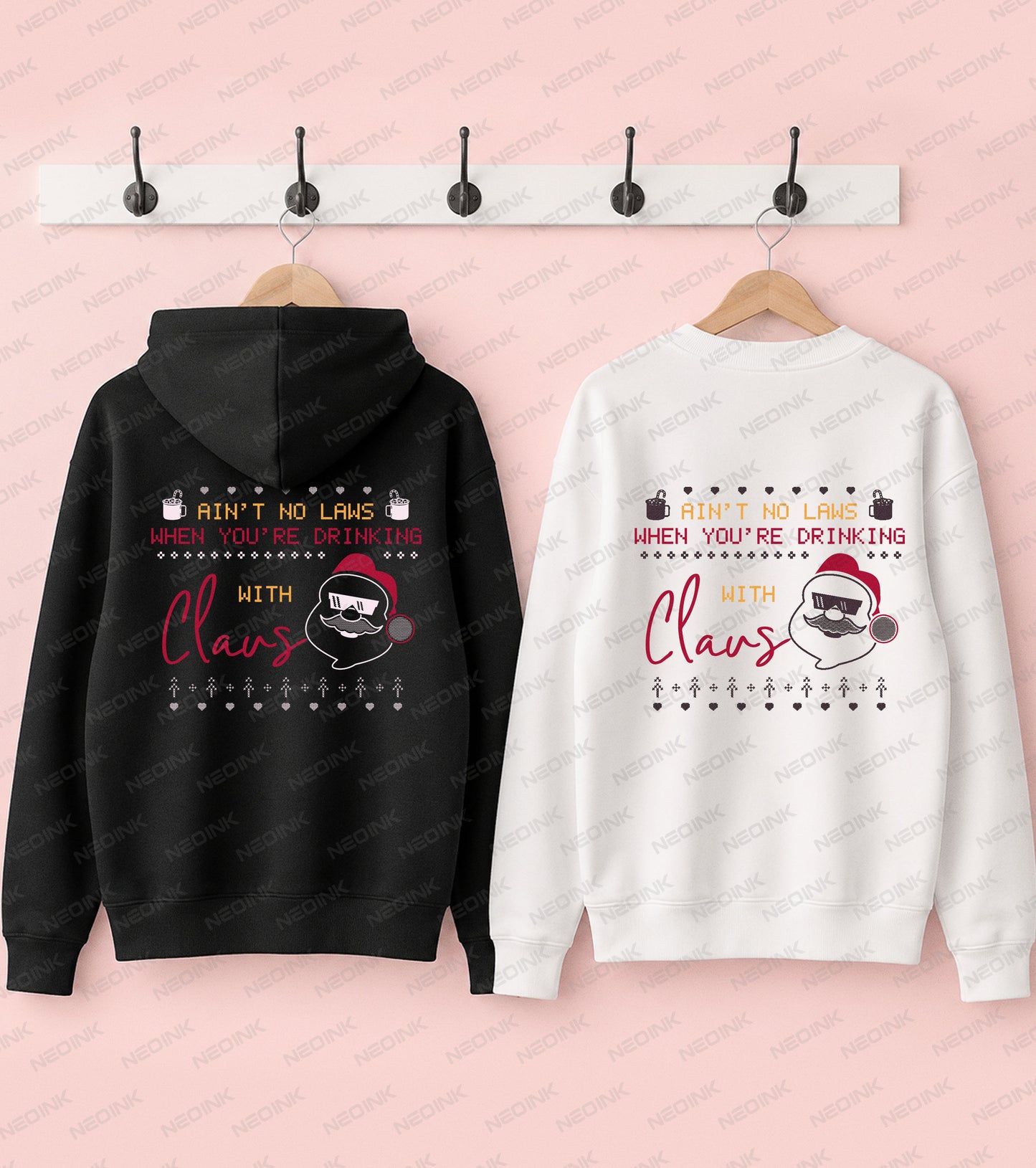 Cool Santa wearing sunglasses with funny Ain't No Laws Drinking With Claus lettering, created as a ready-to-print Christmas DTF transfer.