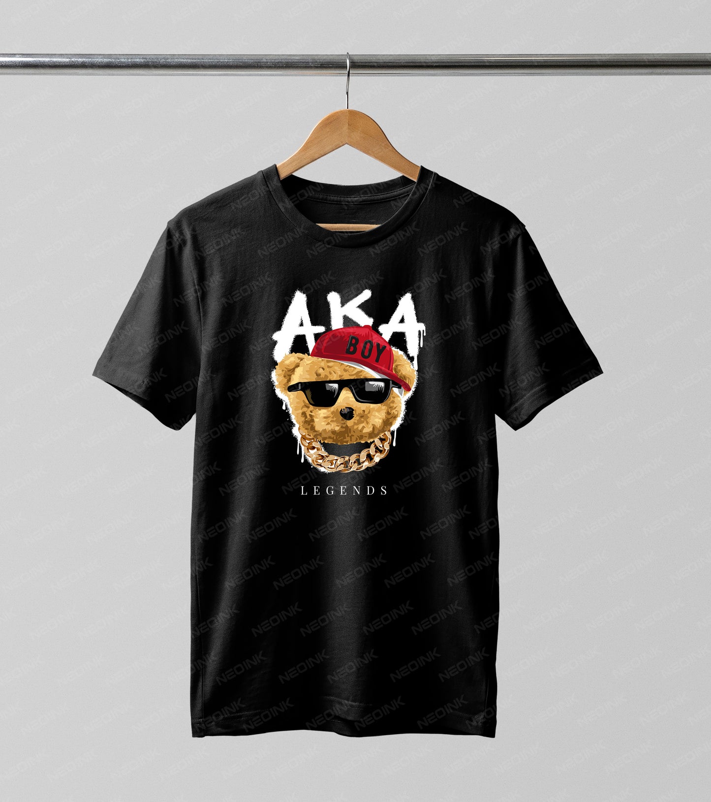 Urban hip-hop teddy bear rocking a red cap and gold chain, designed as vivid DTF transfers that come ready to print instantly.