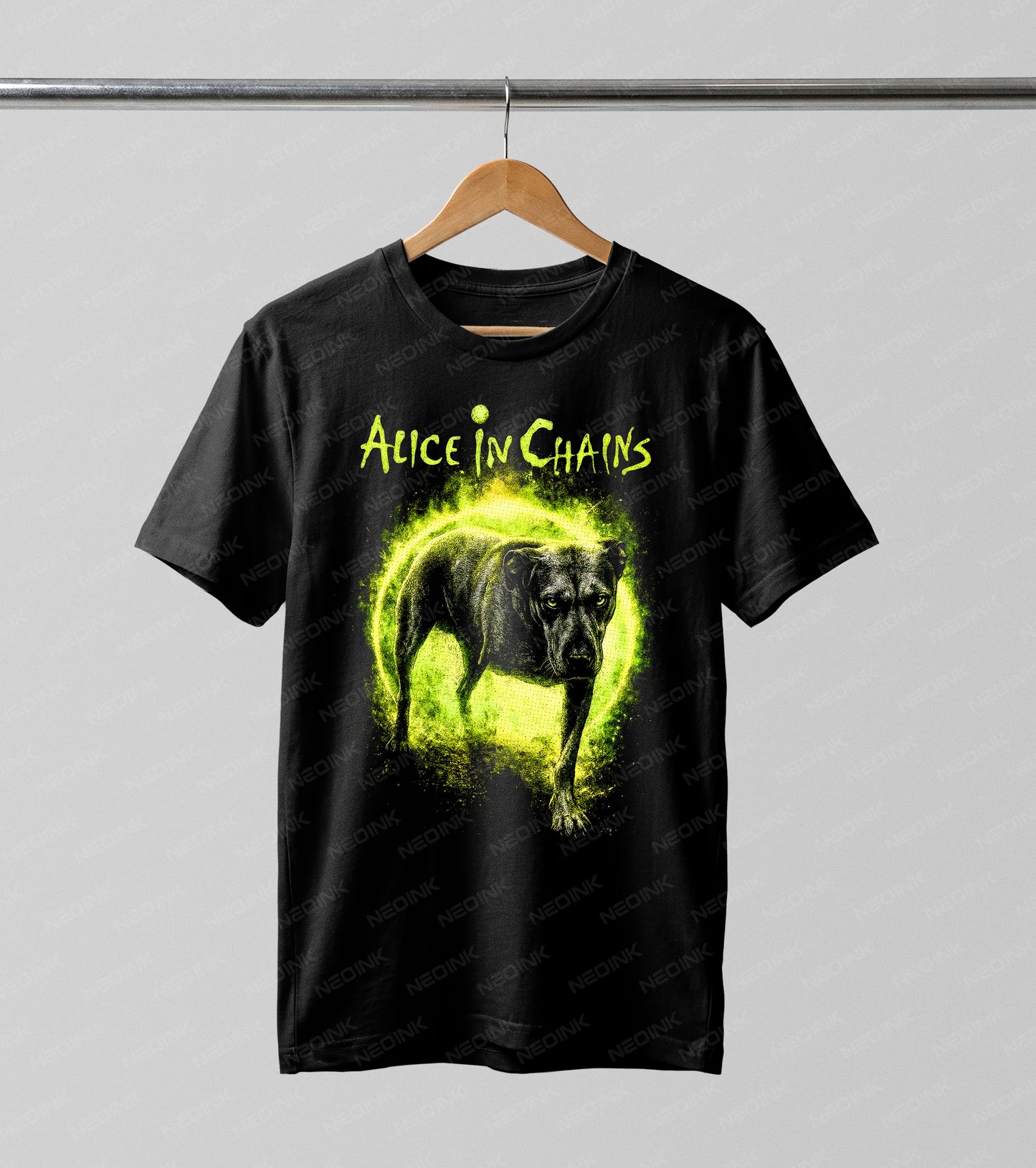 Alice in Chains three-legged dog Halftone DTF transfer. Featuring the iconic neon green canine graphic from their classic era, this design utilizes a vintage Halftone dot pattern for an authentic 90s band tee aesthetic.