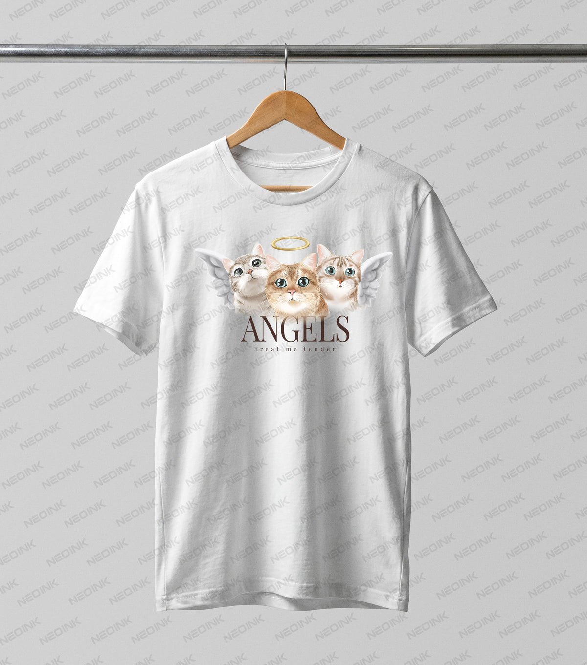 Three beautiful cats illustrated as angels with white wings and a golden halo, supplied as elegant DTF transfers completely ready to print.