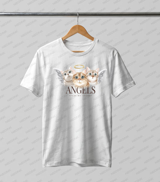 Three beautiful cats illustrated as angels with white wings and a golden halo, supplied as elegant DTF transfers completely ready to print.