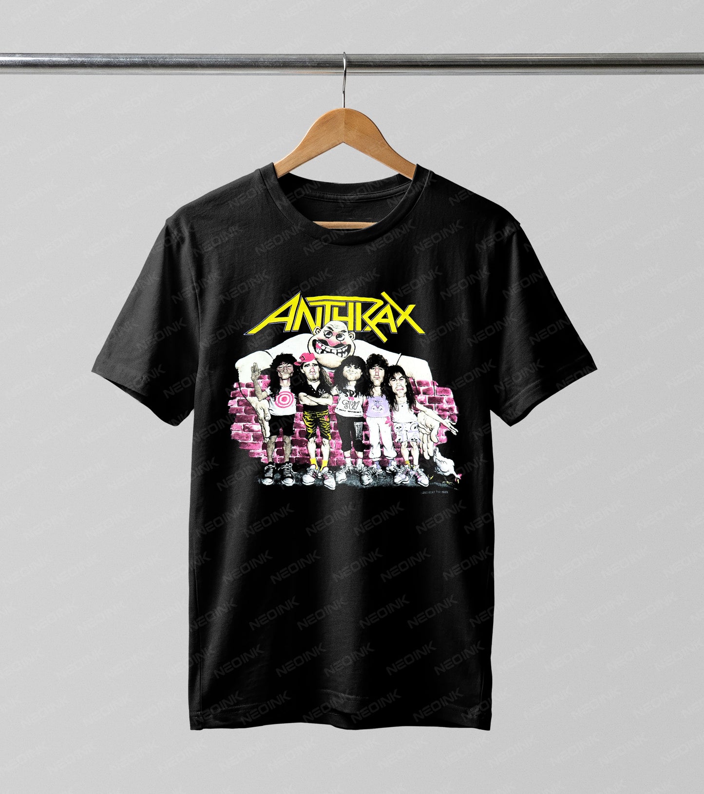 Anthrax band Halftone DTF transfer. Showcasing the thrash metal legends standing in front of a brick wall with their iconic logo, this design utilizes a retro Halftone pattern to replicate a vintage 80s poster graphic.