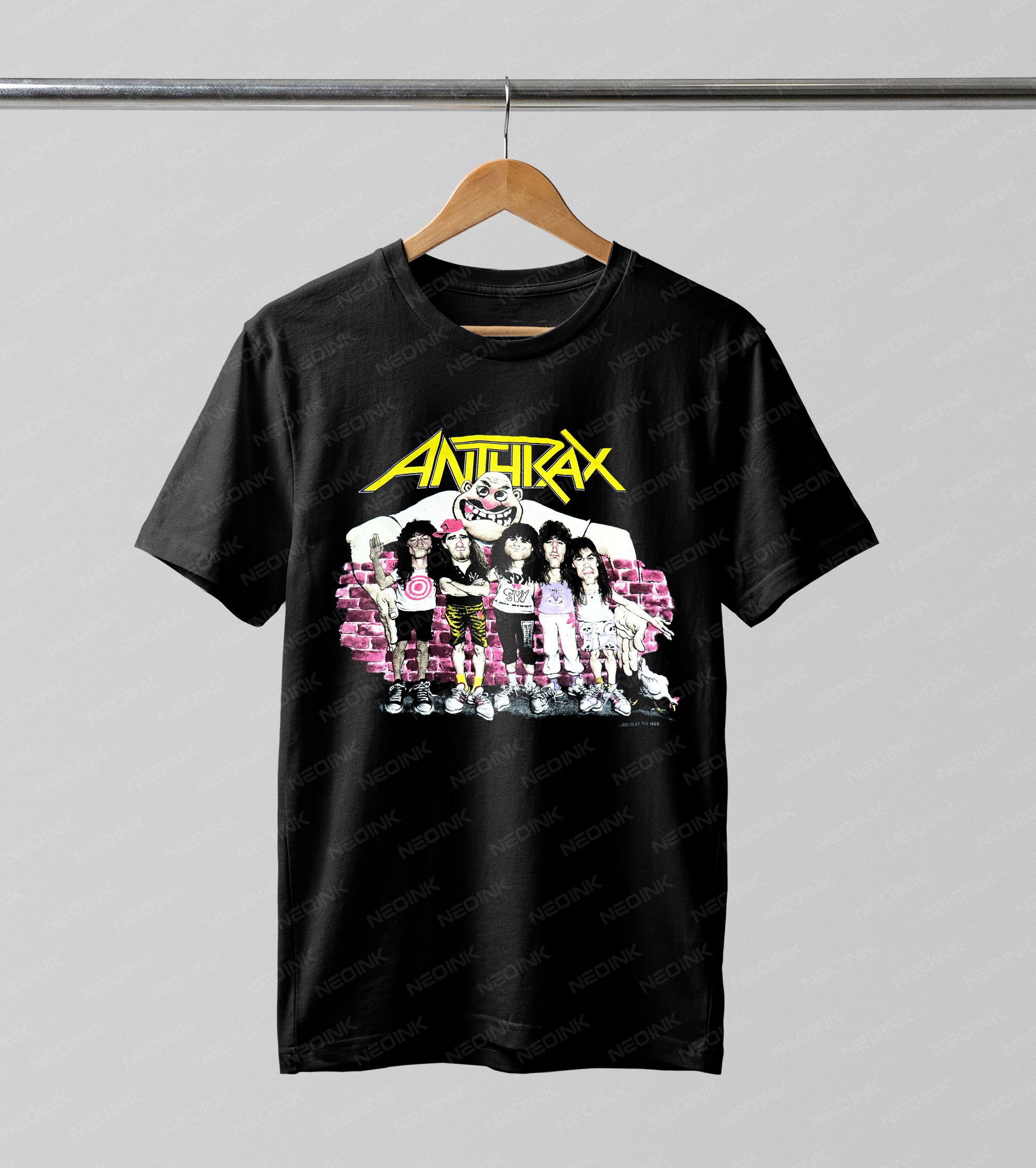 Anthrax band Halftone DTF transfer. Showcasing the thrash metal legends standing in front of a brick wall with their iconic logo, this design utilizes a retro Halftone pattern to replicate a vintage 80s poster graphic.