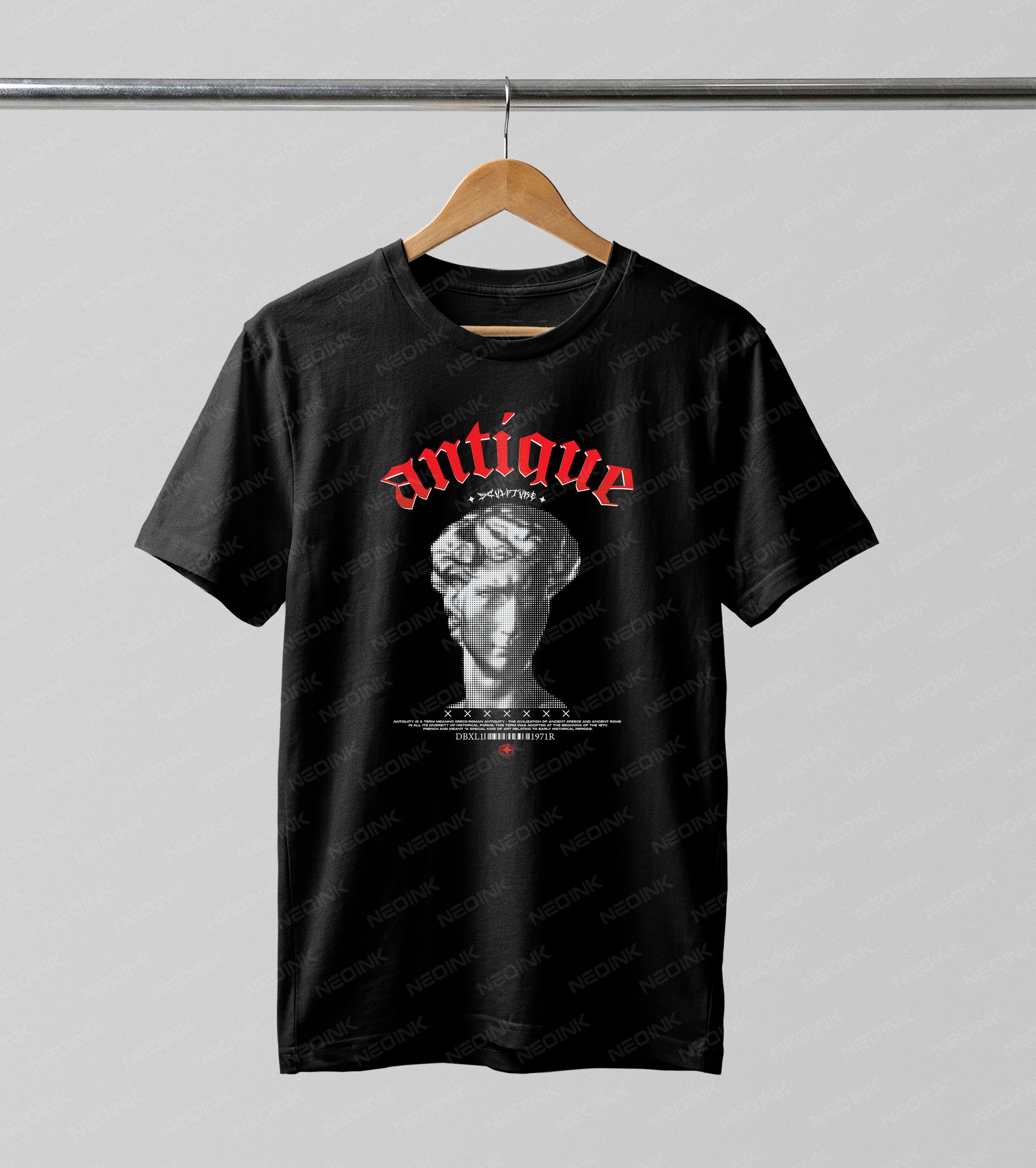 Edgy halftone classical statue graphic paired with red gothic typography, provided as premium DTF transfers ready to print on black tees.