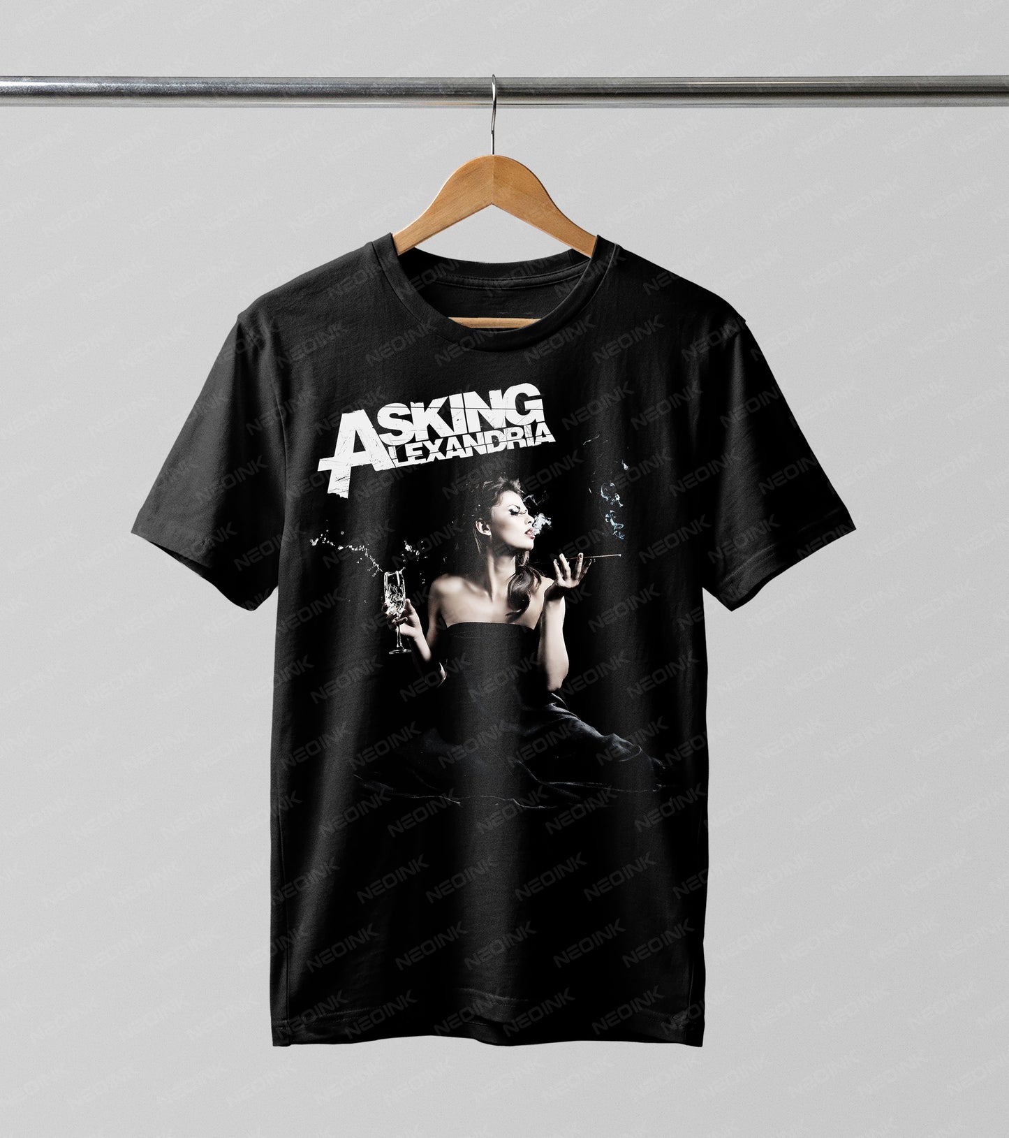 Asking Alexandria elegant smoking woman Halftone DTF transfer. Featuring a beautiful woman in a black dress holding a wine glass and cigarette in a striking monochromatic palette, this graphic relies on a subtle Halftone effect for a moody, vintage look.