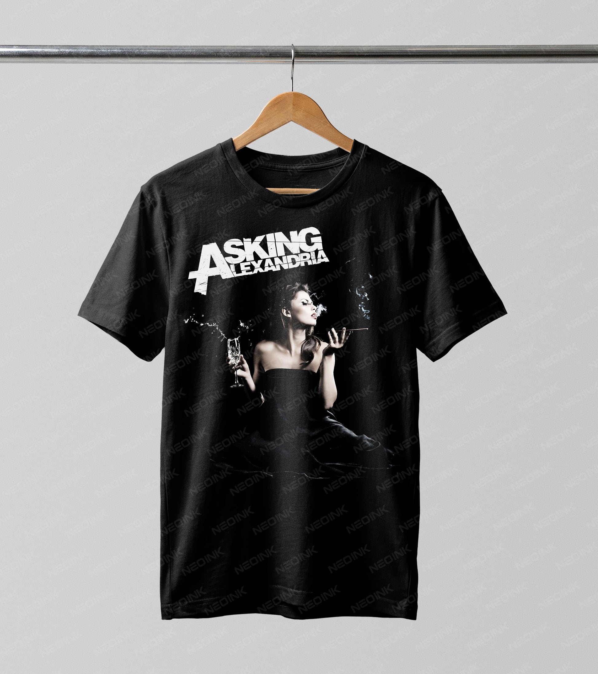 Asking Alexandria elegant smoking woman Halftone DTF transfer. Featuring a beautiful woman in a black dress holding a wine glass and cigarette in a striking monochromatic palette, this graphic relies on a subtle Halftone effect for a moody, vintage look.