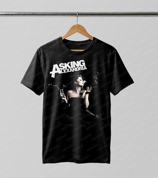 Asking Alexandria elegant smoking woman Halftone DTF transfer. Featuring a beautiful woman in a black dress holding a wine glass and cigarette in a striking monochromatic palette, this graphic relies on a subtle Halftone effect for a moody, vintage look.