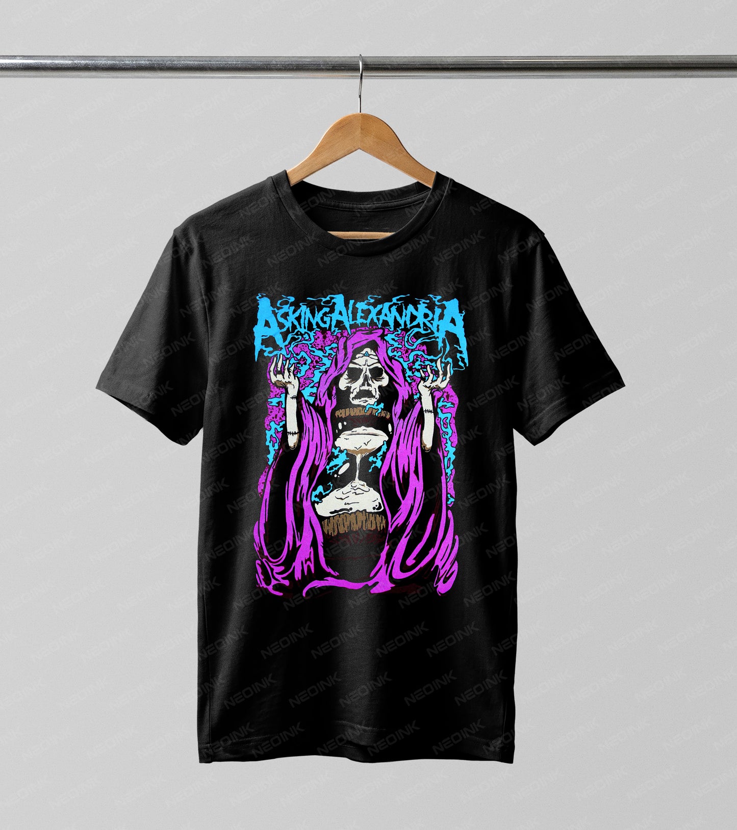 Asking Alexandria reaper Halftone DTF transfer. Featuring a purple-cloaked skeletal figure holding an hourglass, framed by vibrant blue typography, this design uses a detailed Halftone effect for an edgy, textured look.