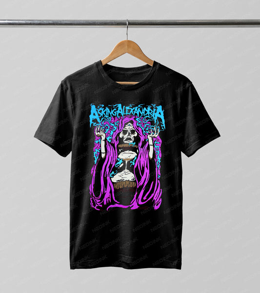 Asking Alexandria reaper Halftone DTF transfer. Featuring a purple-cloaked skeletal figure holding an hourglass, framed by vibrant blue typography, this design uses a detailed Halftone effect for an edgy, textured look.