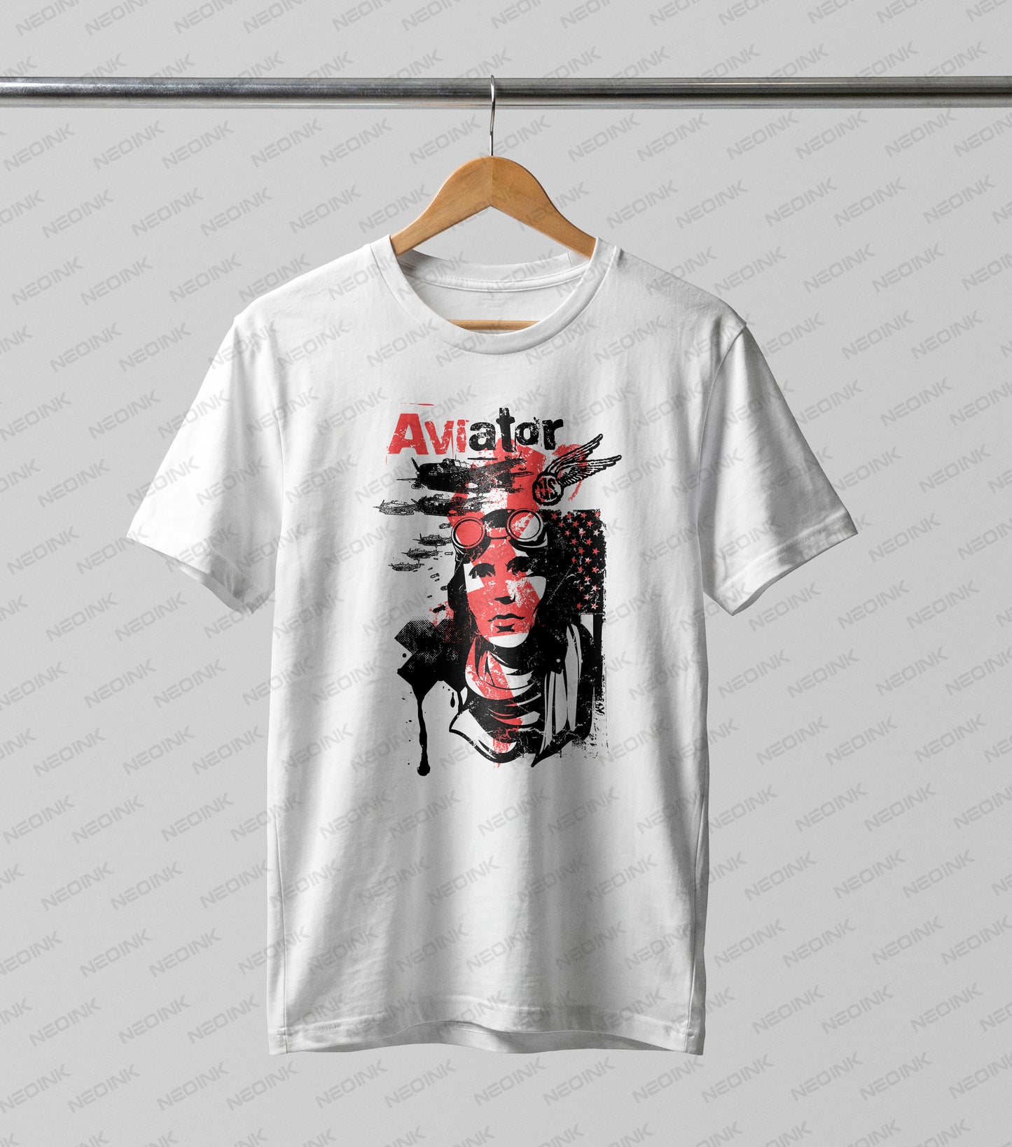 Distressed red and black stencil graphic of a female pilot and soaring airplanes, supplied as ready to print DTF transfers to elevate aviation clothing.