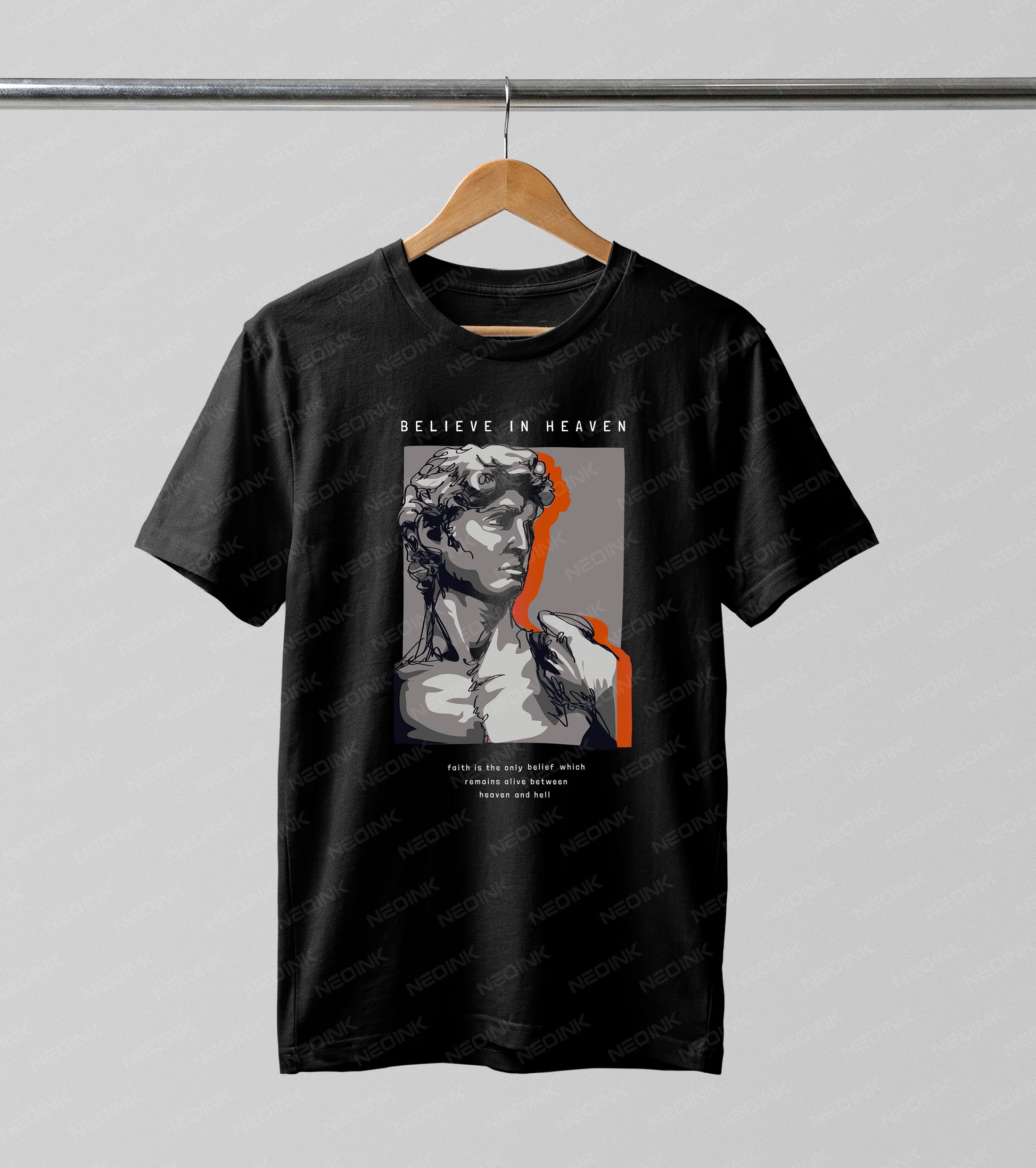 Classic Greek bust with orange pop-art shadows and bold text, easily applied using DTF transfers ready to print for modern streetwear.