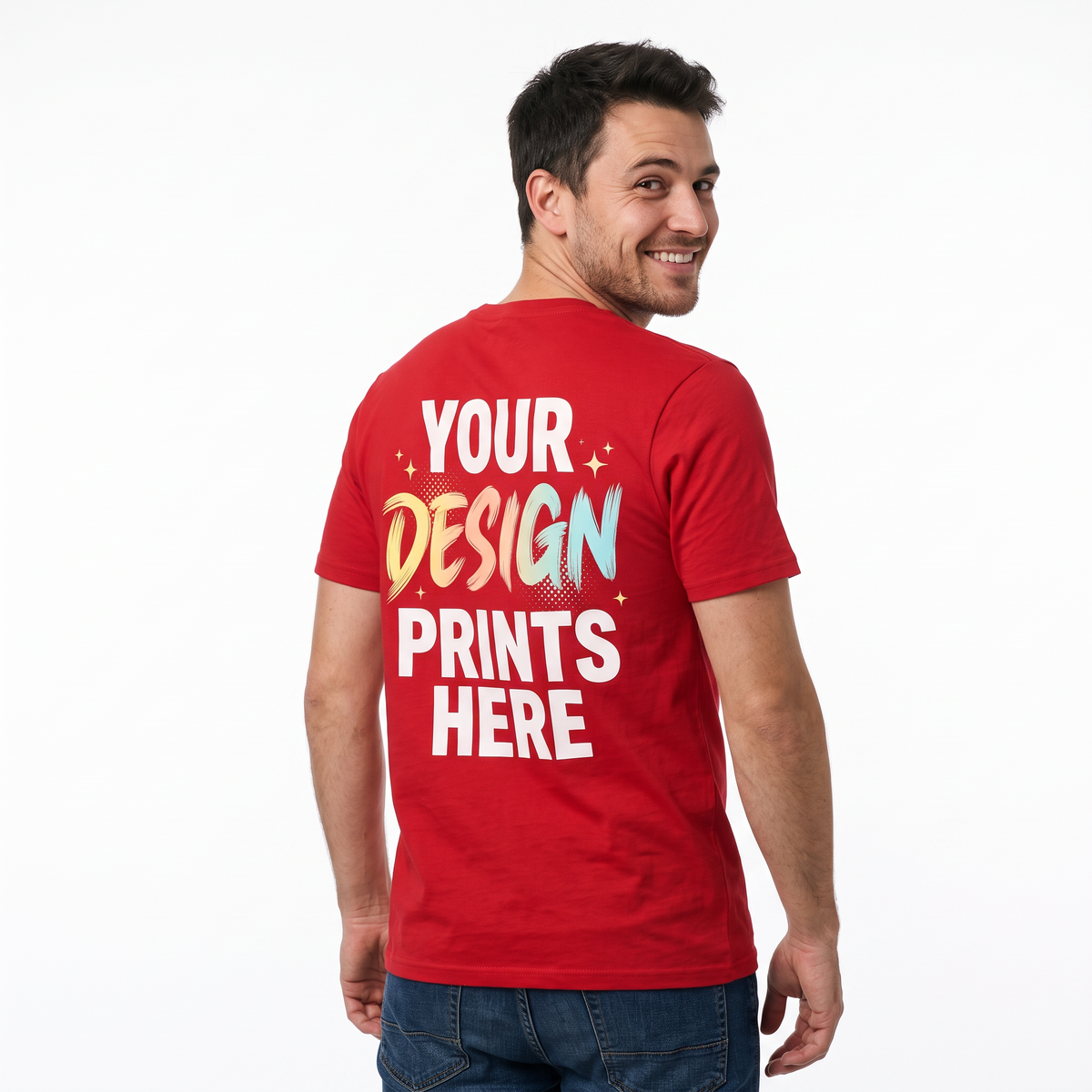 Man wearing a custom printed red t-shirt with a large back print