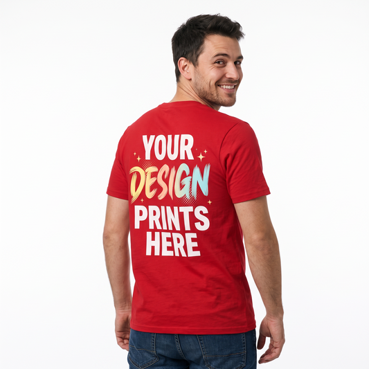 Man wearing a custom printed red t-shirt with a large back print