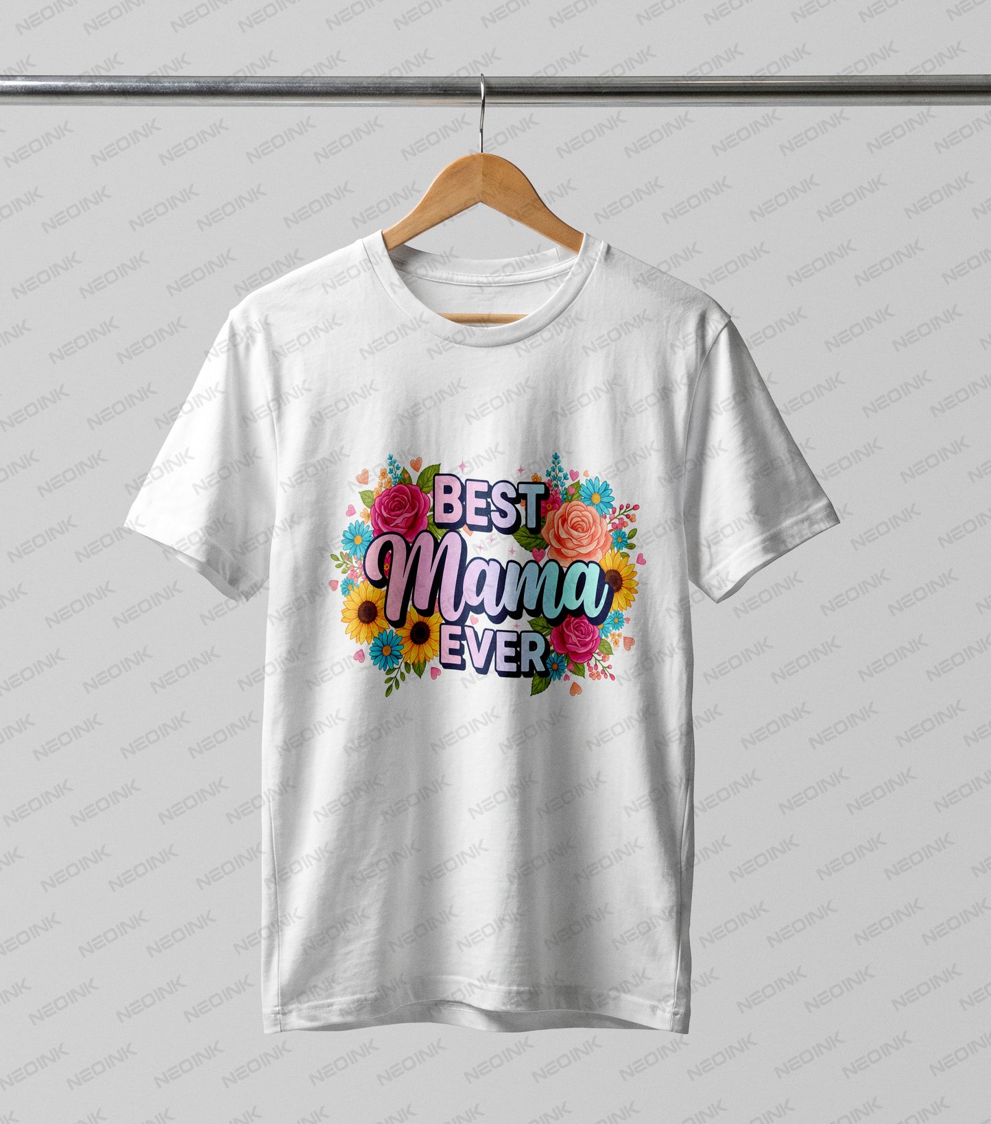 Vibrant "Best Mama Ever" text nestled in a bright bouquet of flowers, perfectly prepared as DTF transfers ready to print on white boutique shirts.