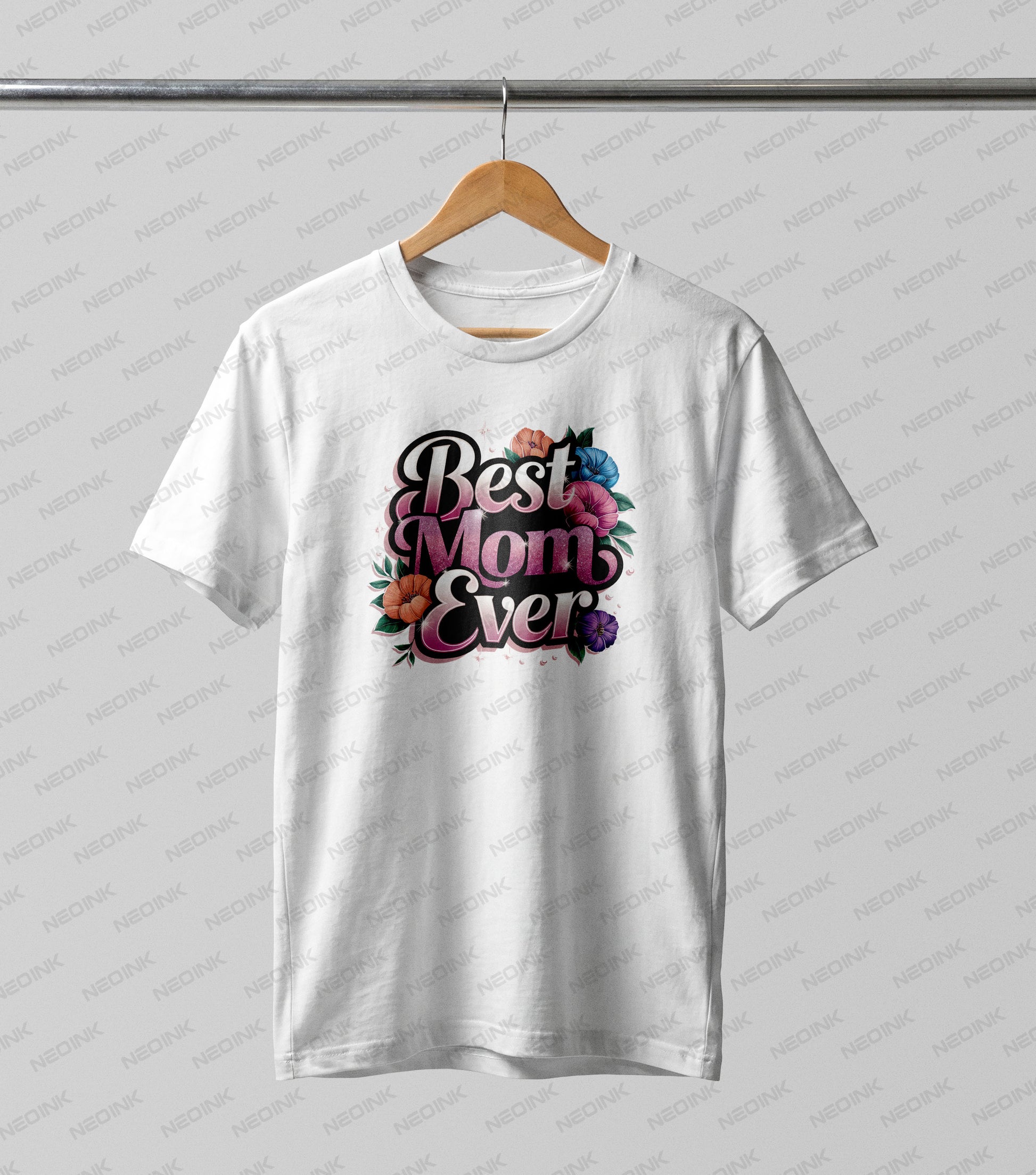 Stylish pink and black script lettering reading "Best Mom Ever" with watercolor floral accents, utilizing vibrant DTF transfers ready to print instantly.