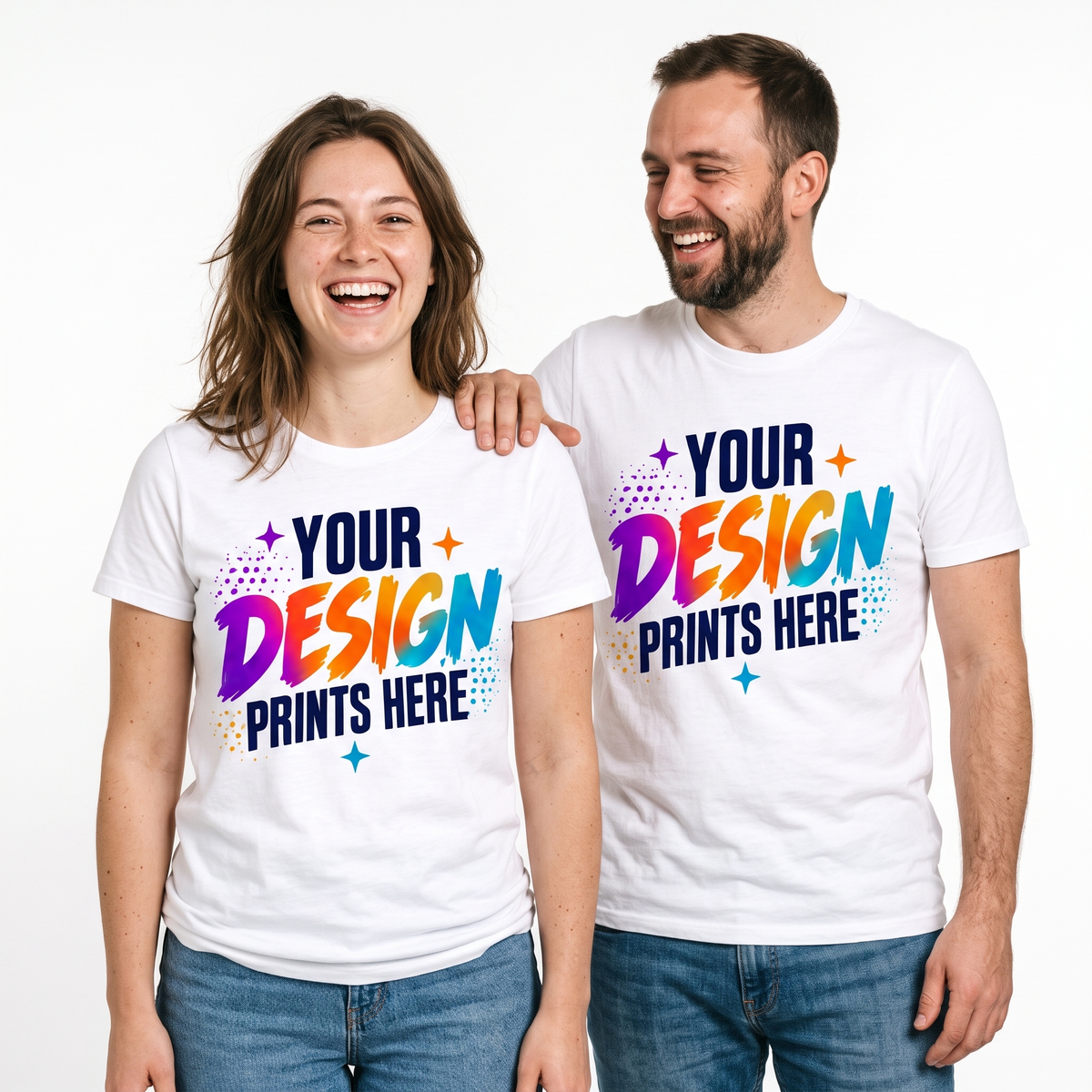 Man and woman wearing affordable custom printed white t-shirts with a full-color design, best-priced custom t-shirt printing in Canada